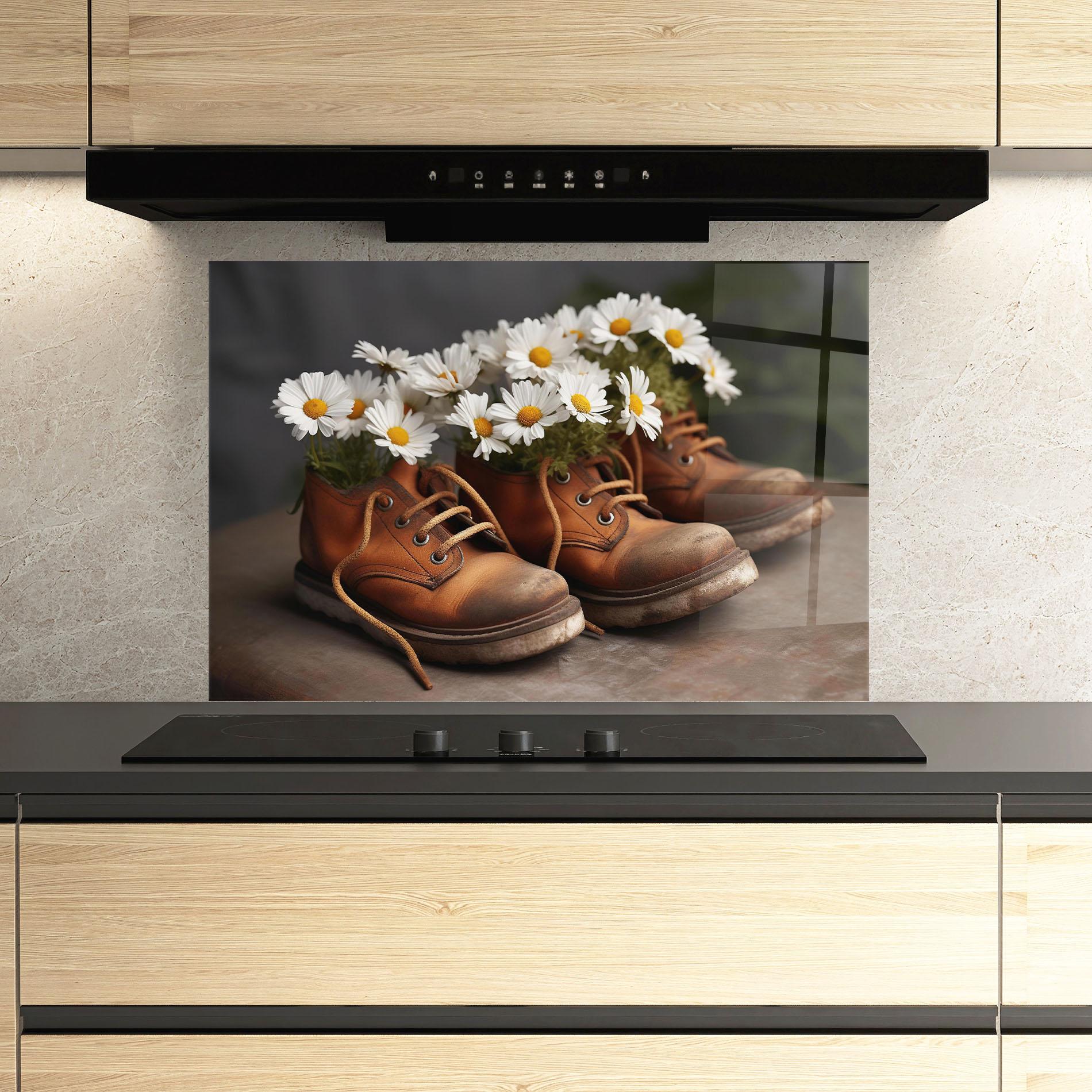 Küchenrückwand Glas Old Boot Flowers mockup 3