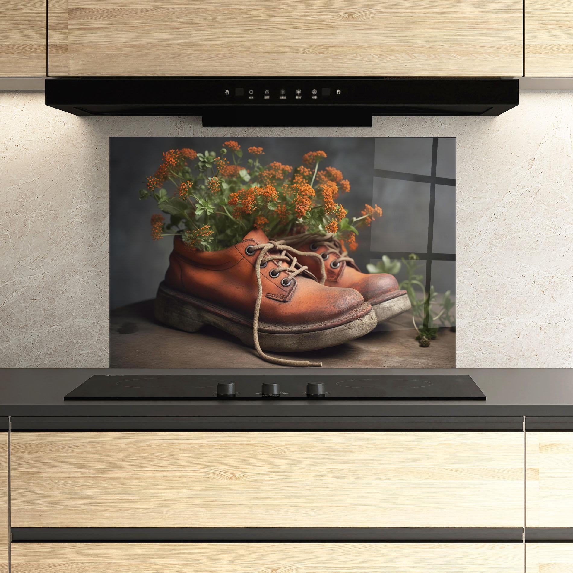 Küchenrückwand Glas Old Boot Spring Flowers mockup 3