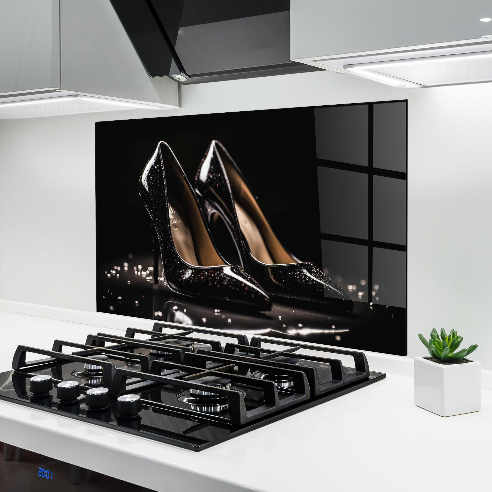 Küchenrückwand Glas Black Leather Shoe mockup 6