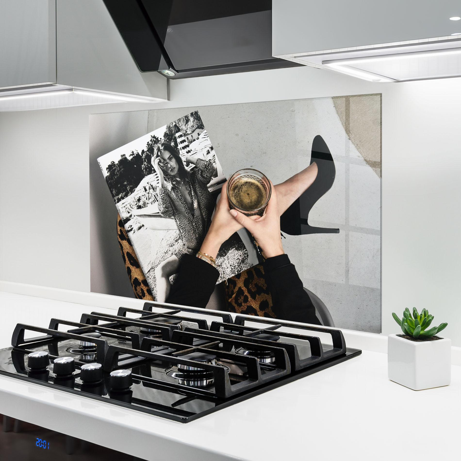 Küchenrückwand Glas Black Shoes Holding Coffee mockup 6