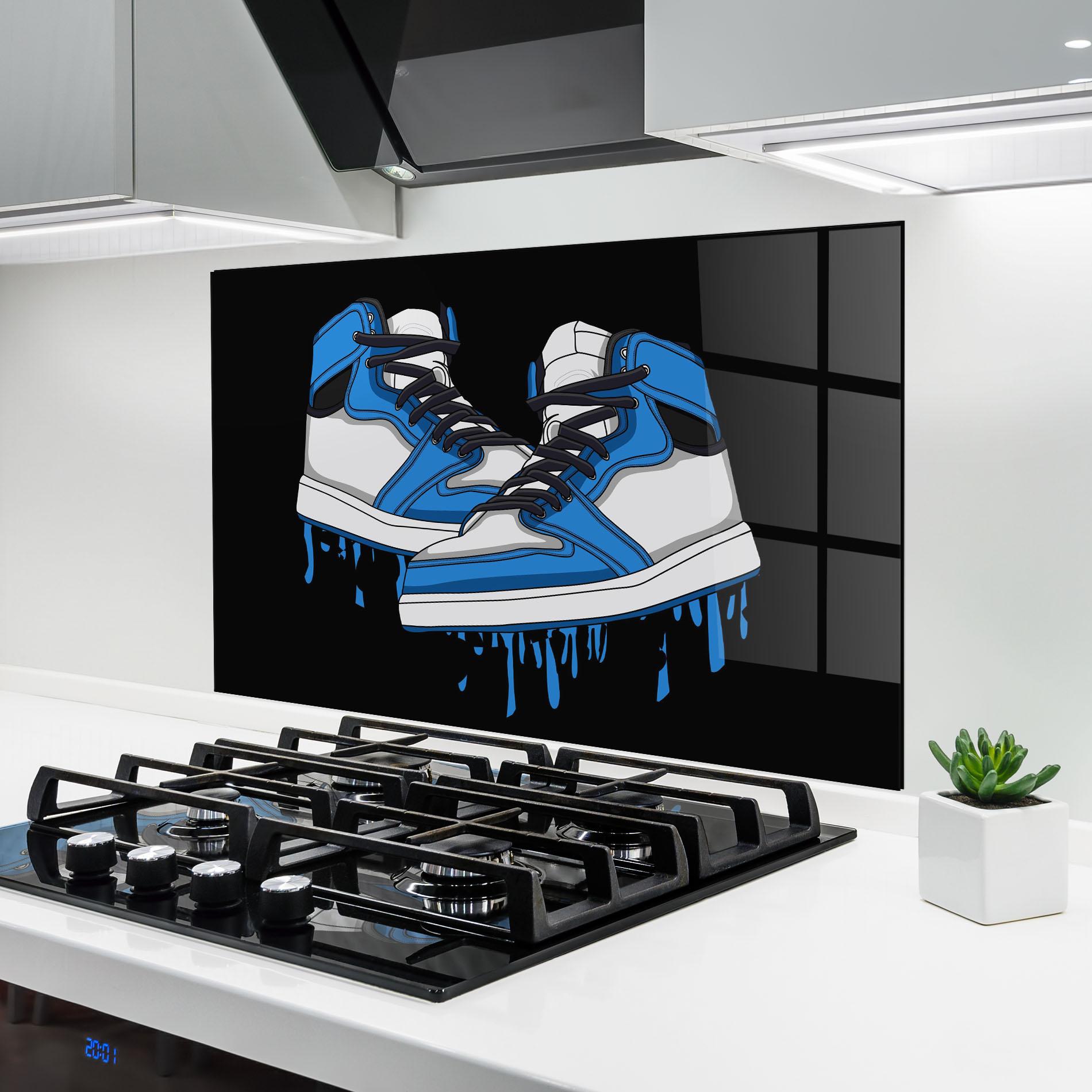 Küchenrückwand Glas Blue White Shoes mockup 6