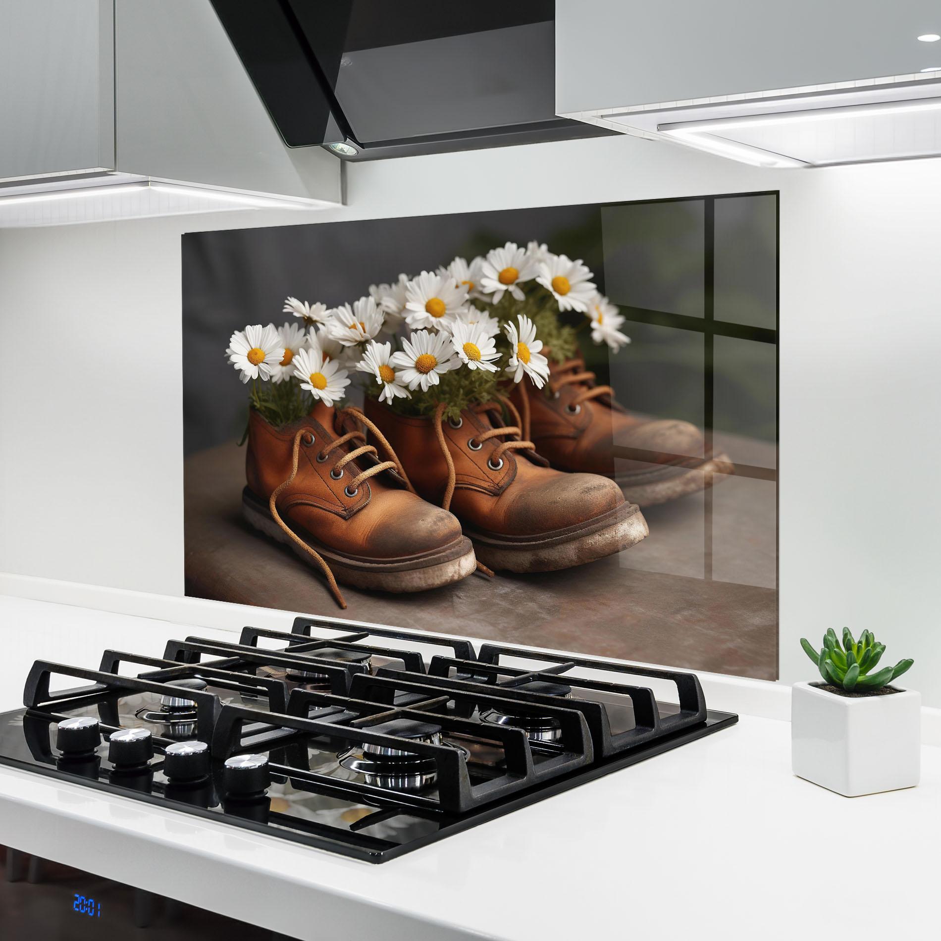 Küchenrückwand Glas Old Boot Flowers mockup 6
