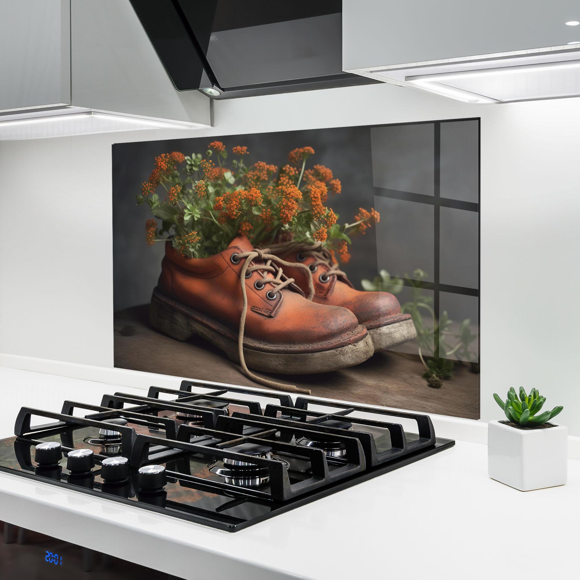 Küchenrückwand Glas Old Boot Spring Flowers mockup 6