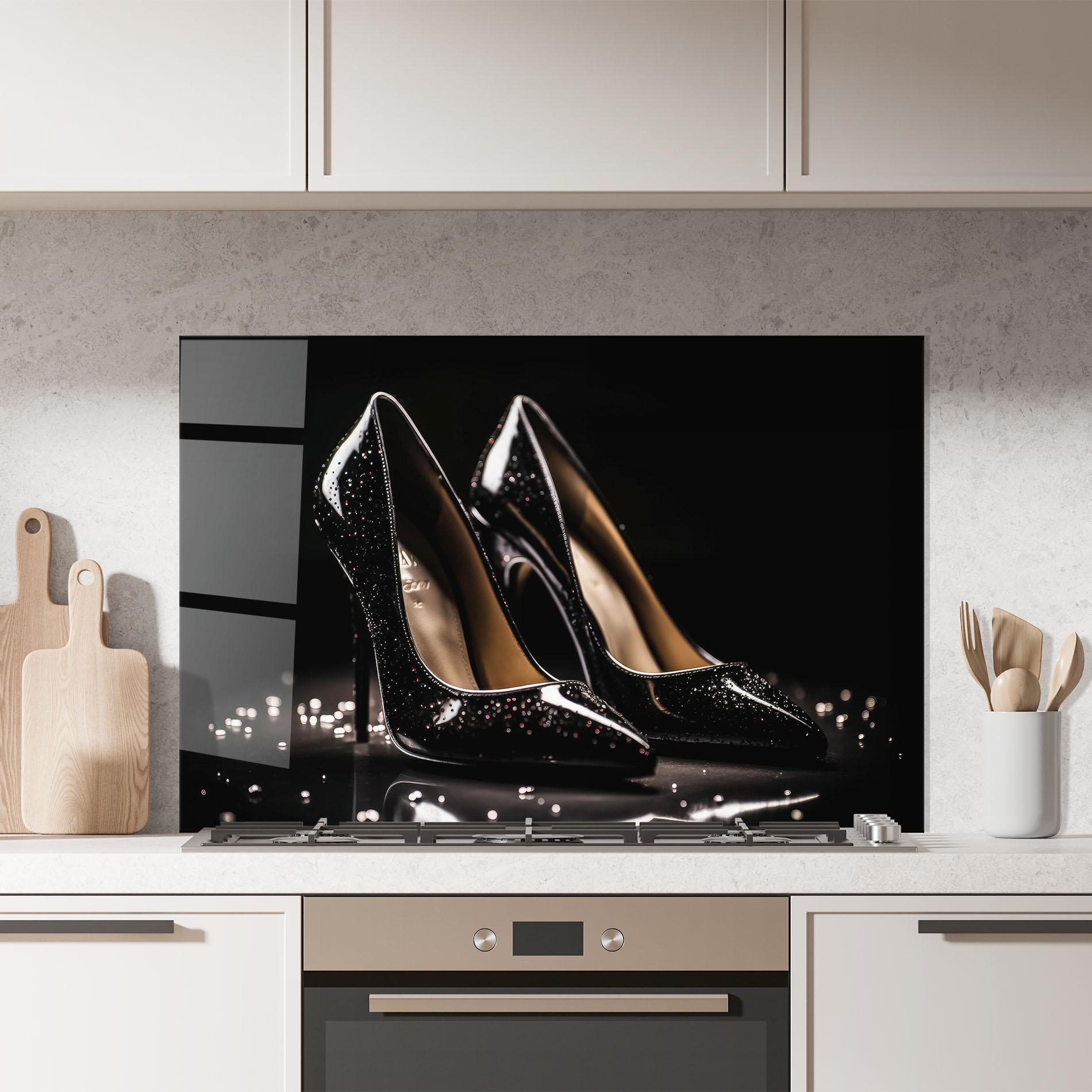 Küchenrückwand Glas Black Leather Shoe mockup 7
