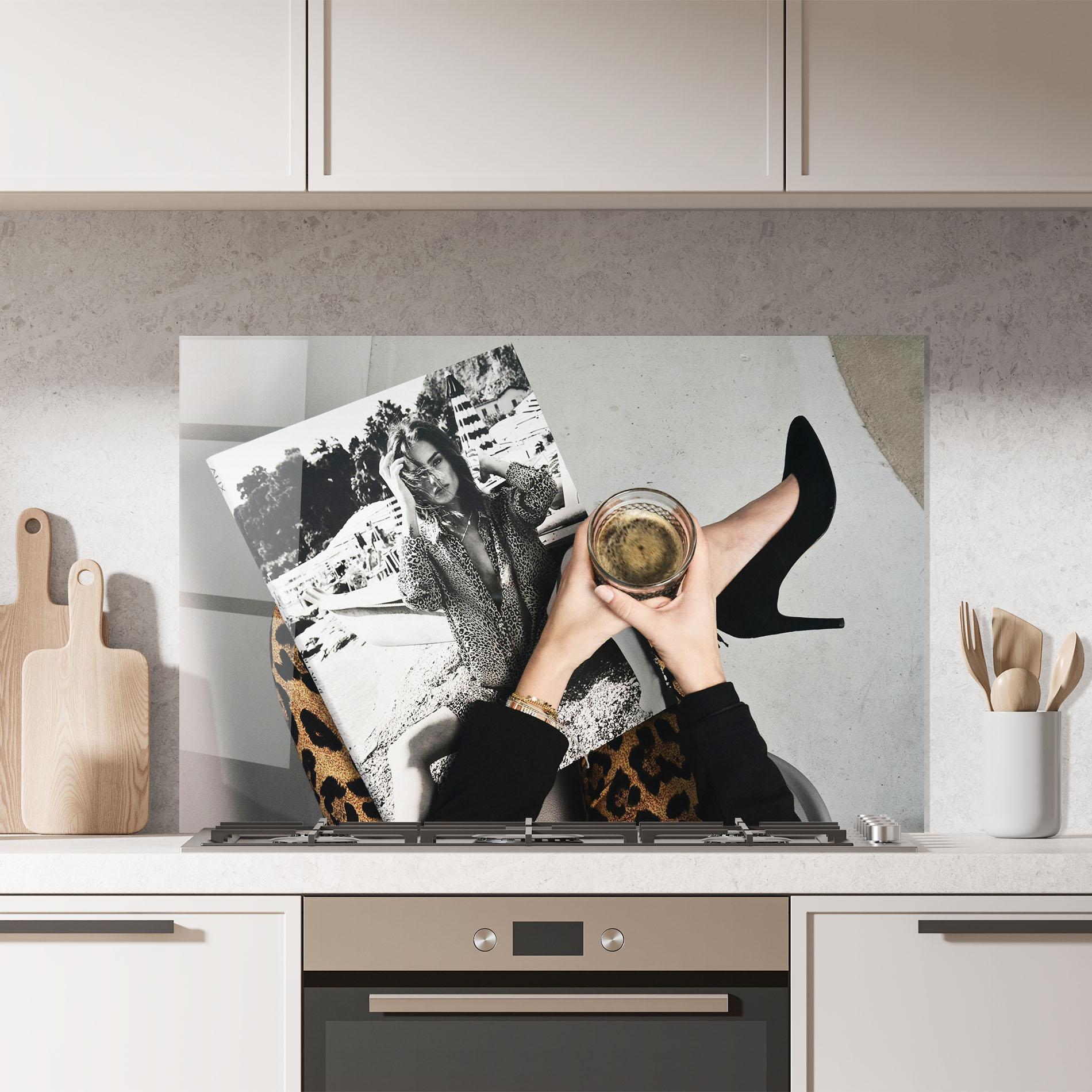 Küchenrückwand Glas Black Shoes Holding Coffee mockup 7