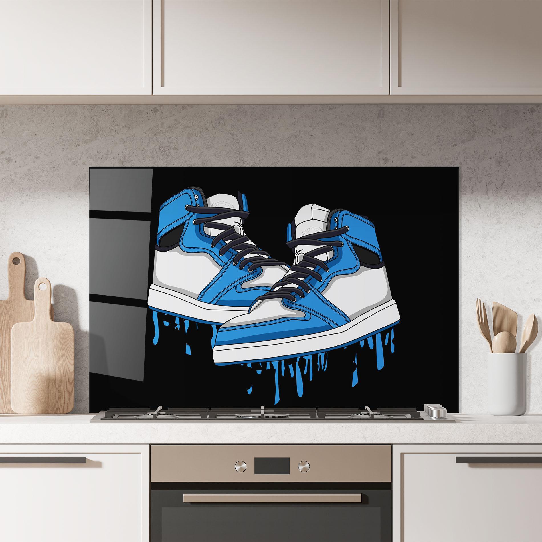 Küchenrückwand Glas Blue White Shoes mockup 7