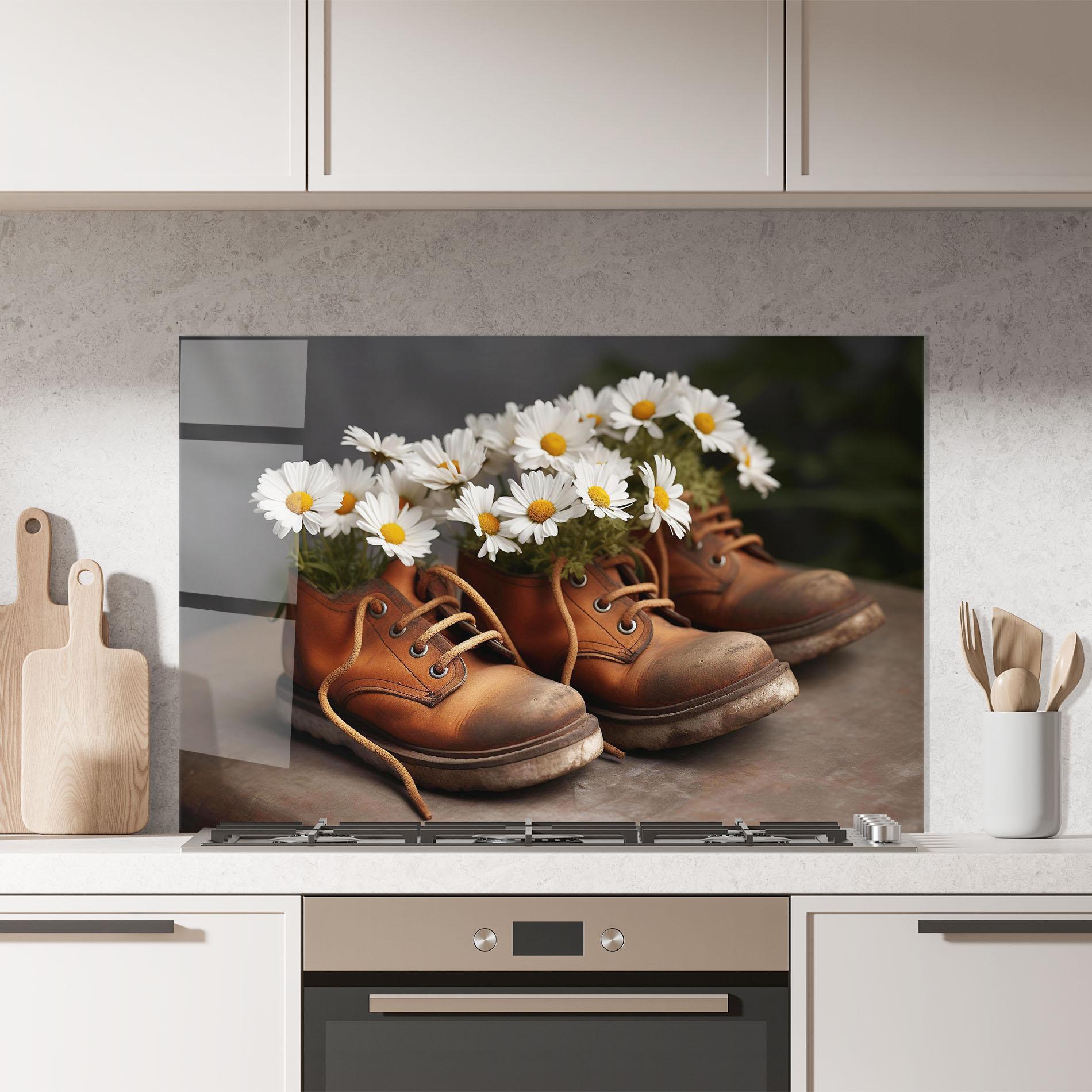 Küchenrückwand Glas Old Boot Flowers mockup 7