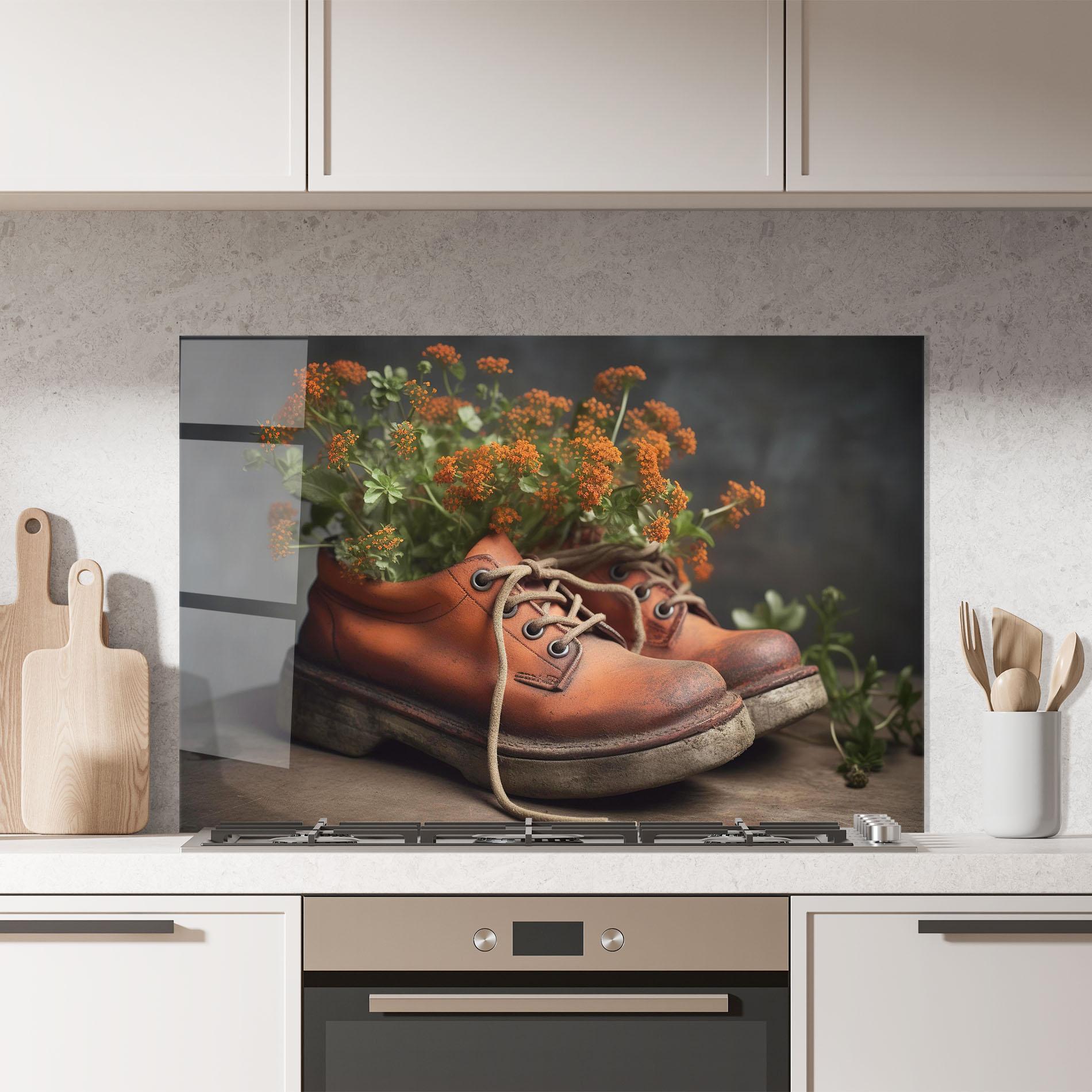 Küchenrückwand Glas Old Boot Spring Flowers mockup 7