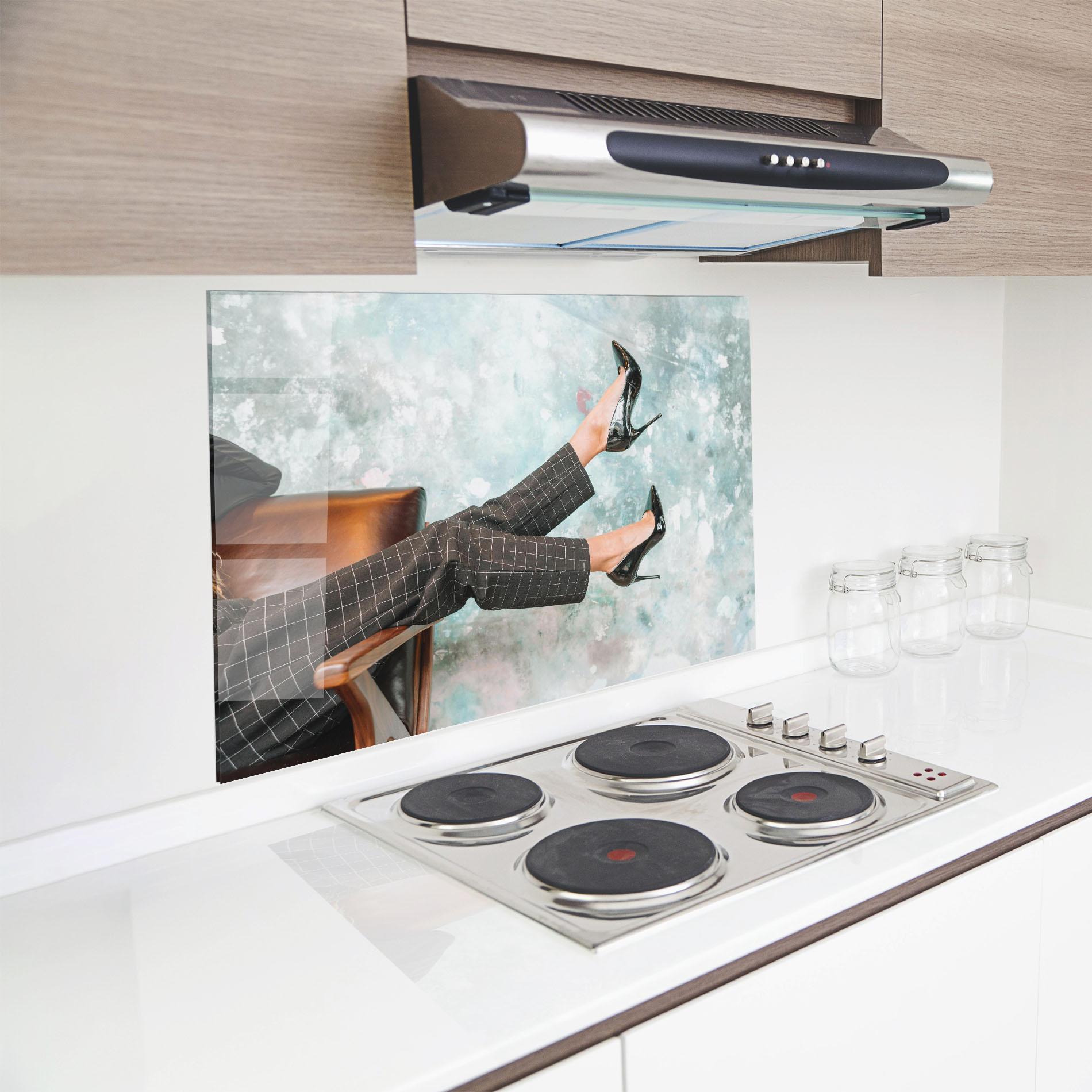 Küchenrückwand Glas Black Shoes On Chair mockup 8