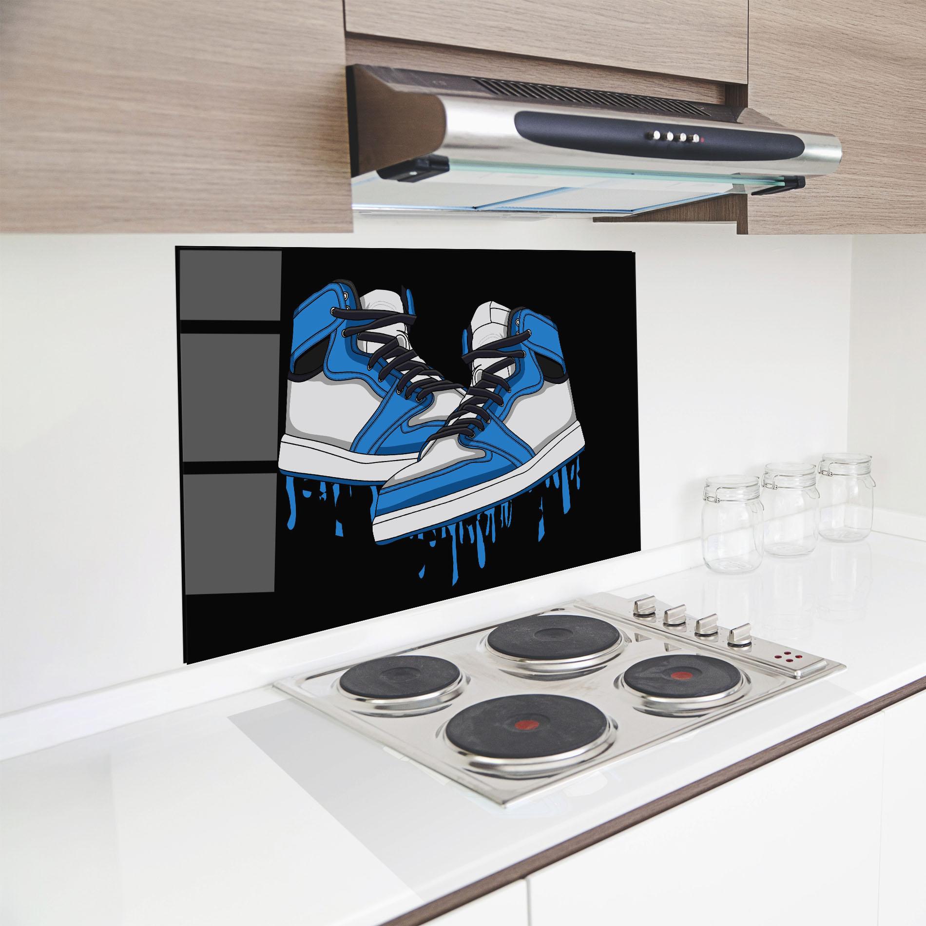 Küchenrückwand Glas Blue White Shoes mockup 8