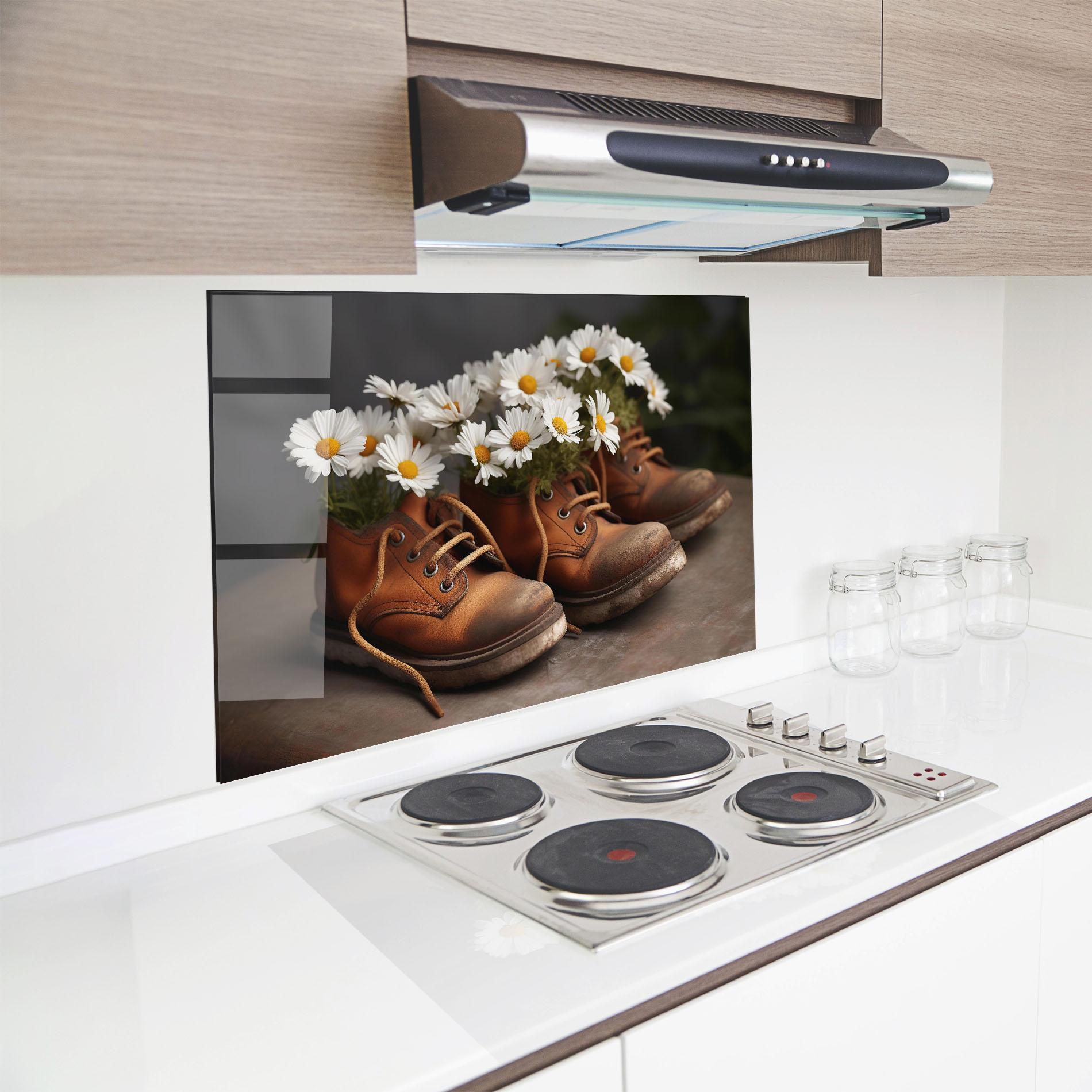 Küchenrückwand Glas Old Boot Flowers mockup 8