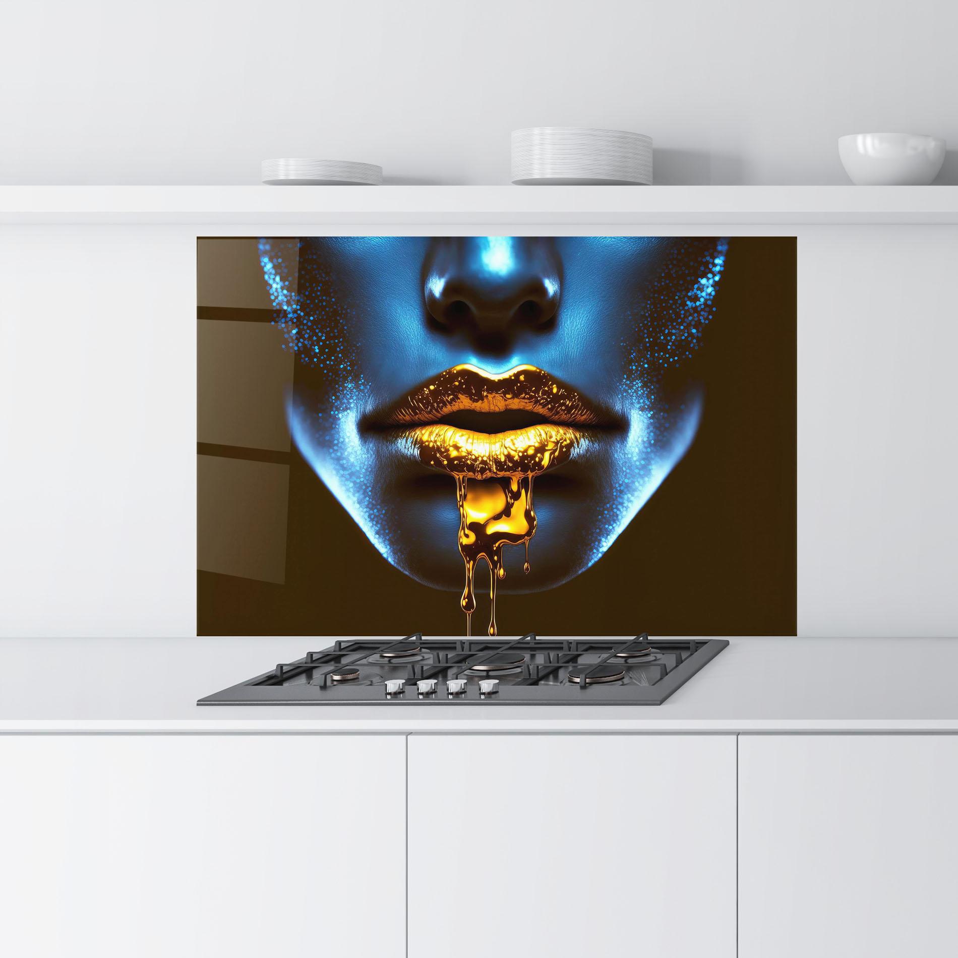 Küchenrückwand Glas Blue Gold Lips mockup 9