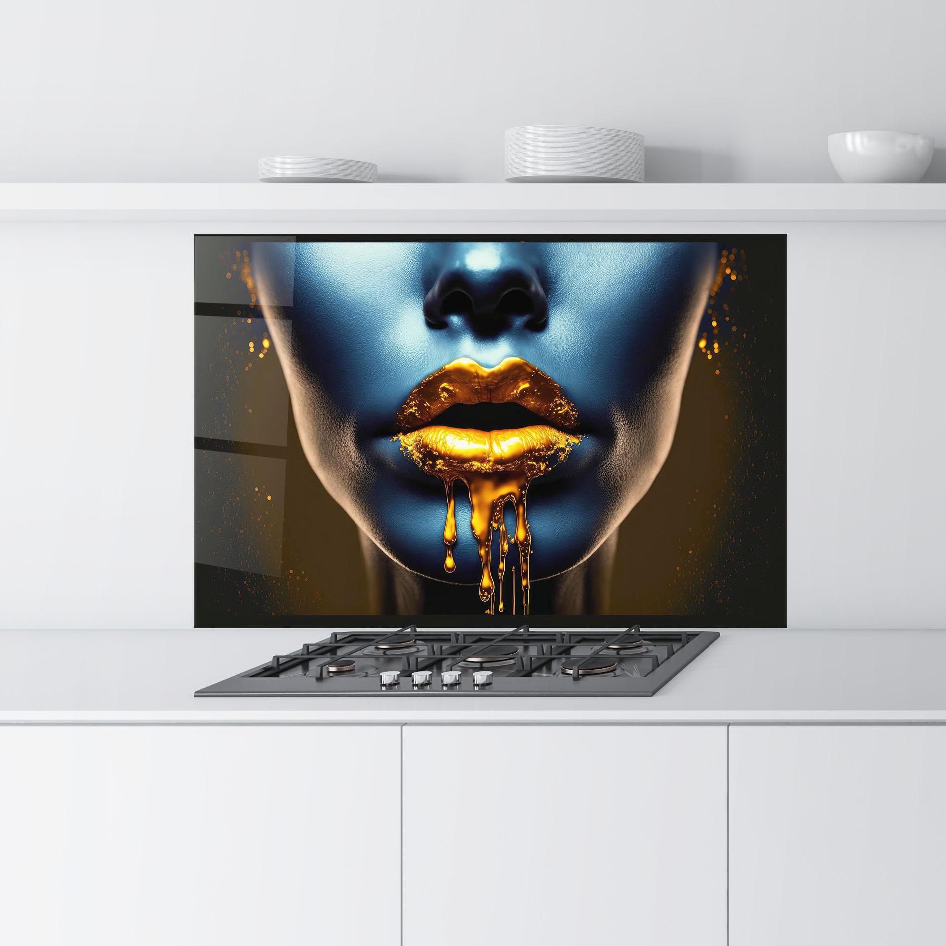 Küchenrückwand Glas Gold Liquid Blue mockup 9