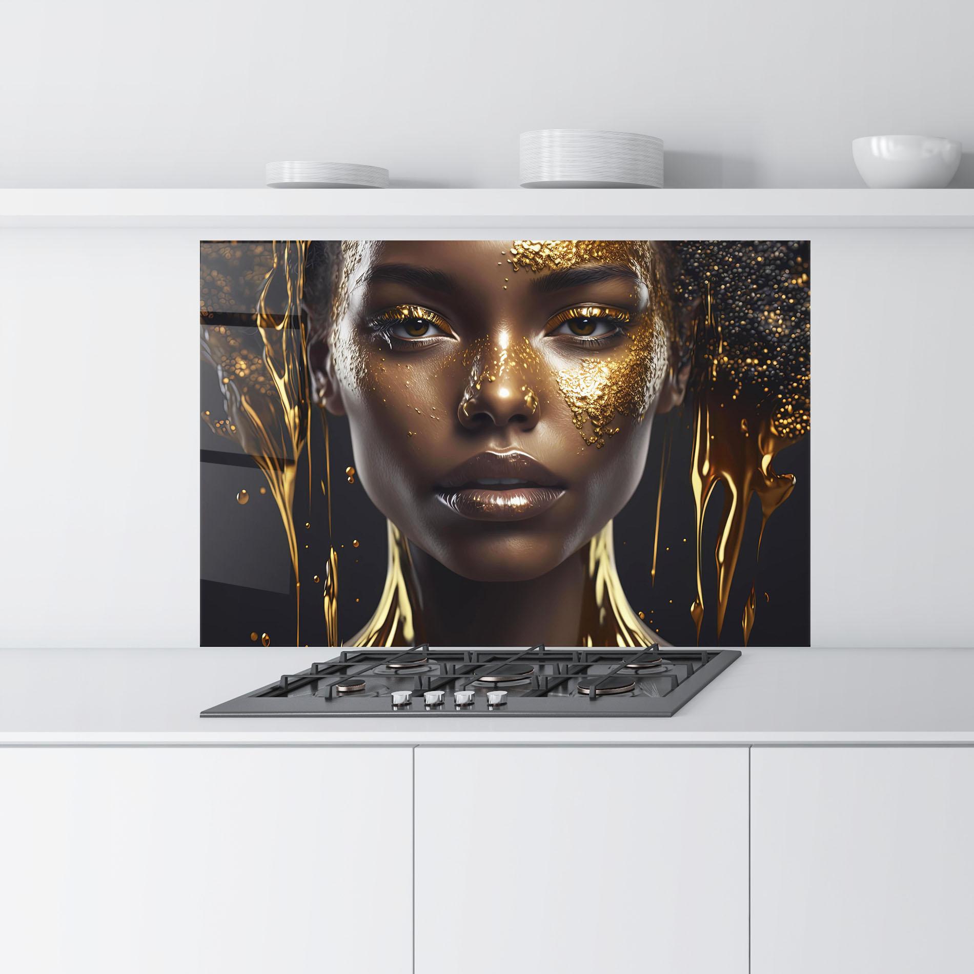 Küchenrückwand Glas Gold Portrait Falling mockup 9