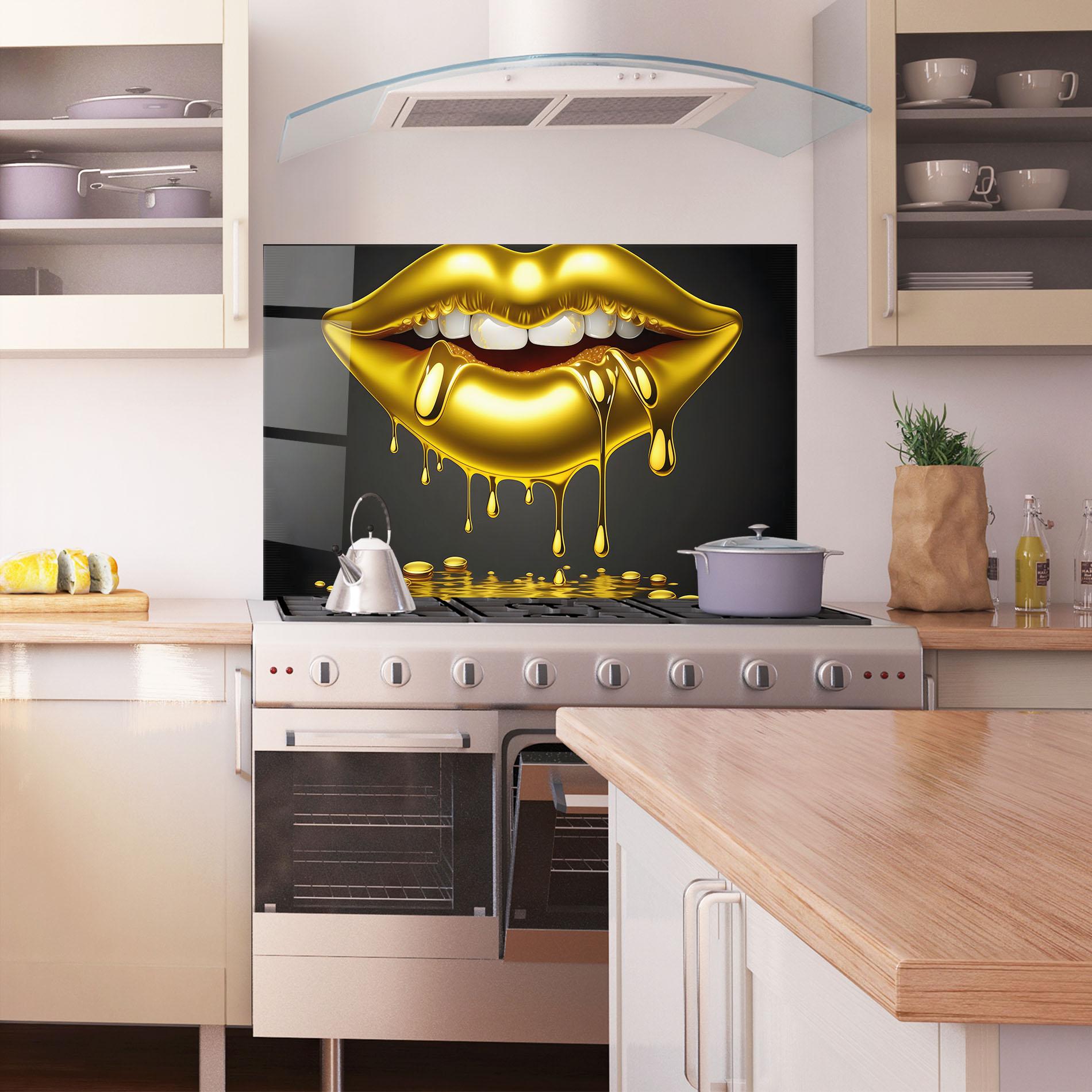 Küchenrückwand Glas Pop Gold Lips mockup 1