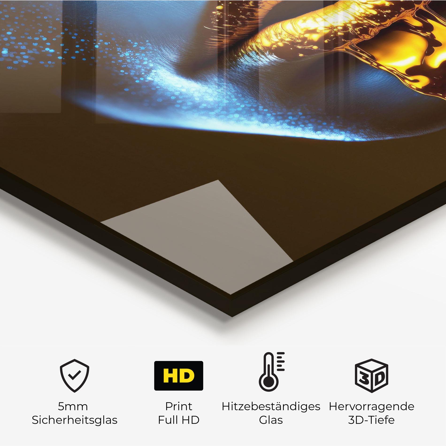 Küchenrückwand Glas Blue Gold Lips mockup 2