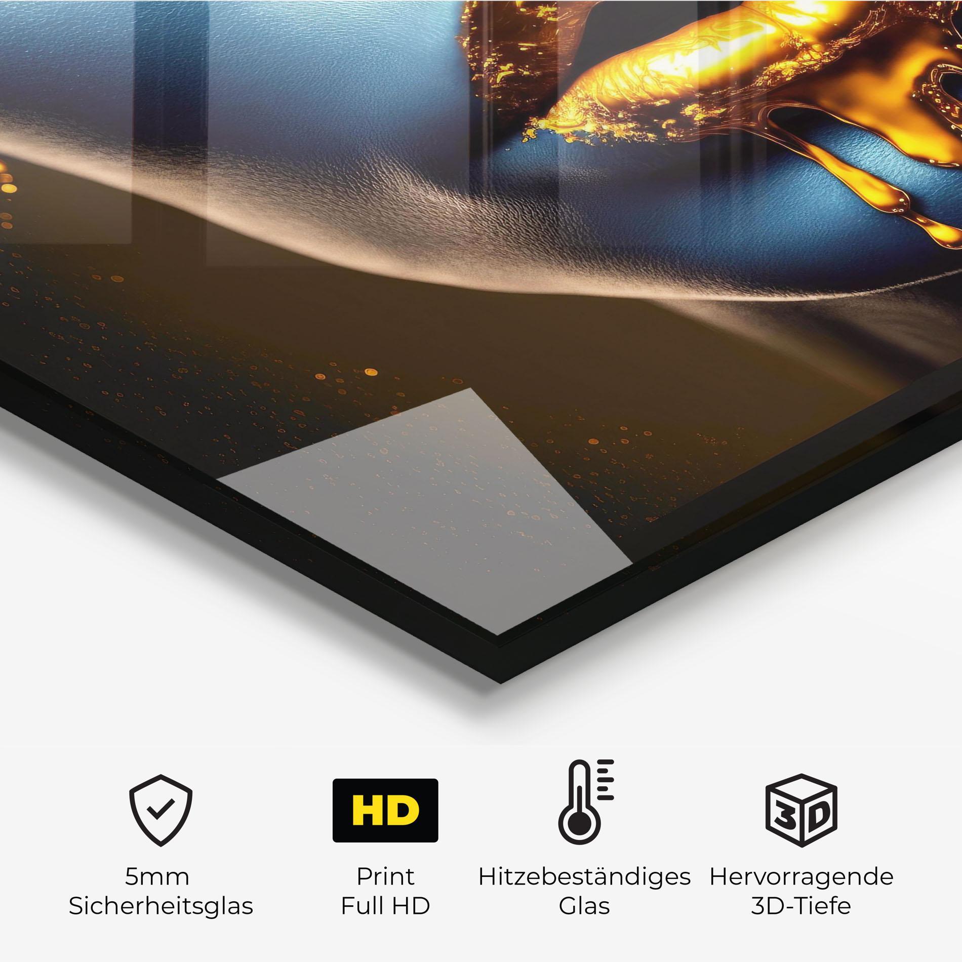 Küchenrückwand Glas Gold Liquid Blue mockup 2