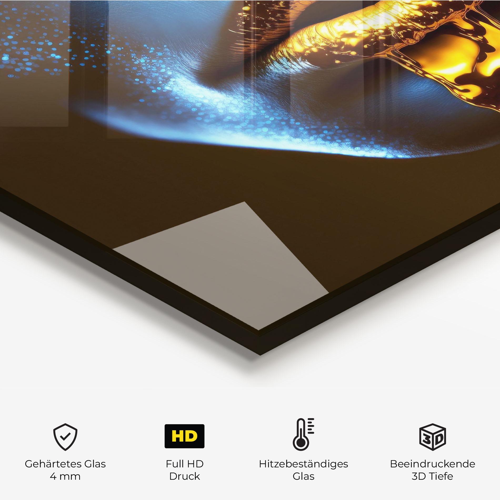 Küchenrückwand Glas Blue Gold Lips mockup 2