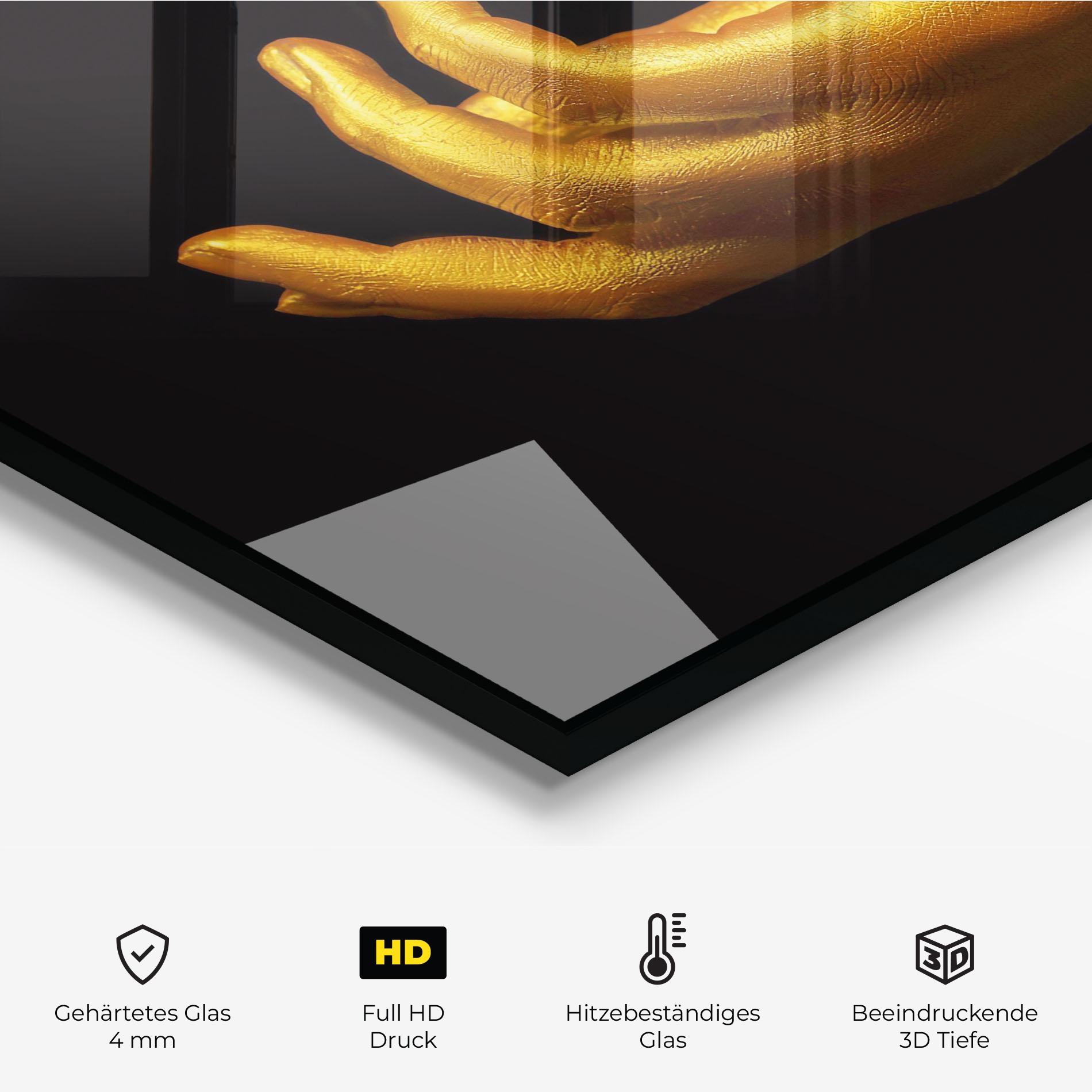 Küchenrückwand Glas Strong Gold Hand mockup 2