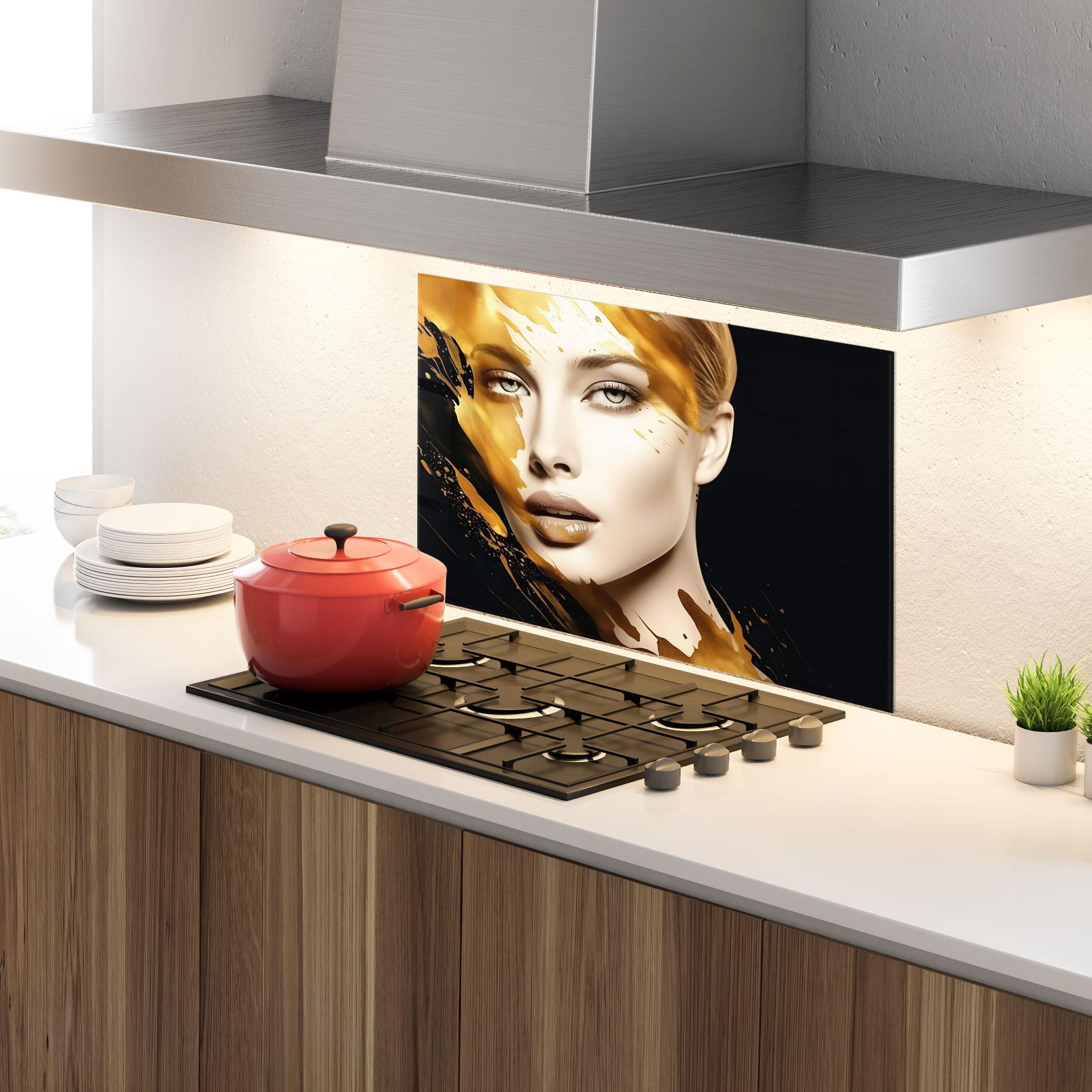Küchenrückwand Glas Blonde Gold Woman mockup 4