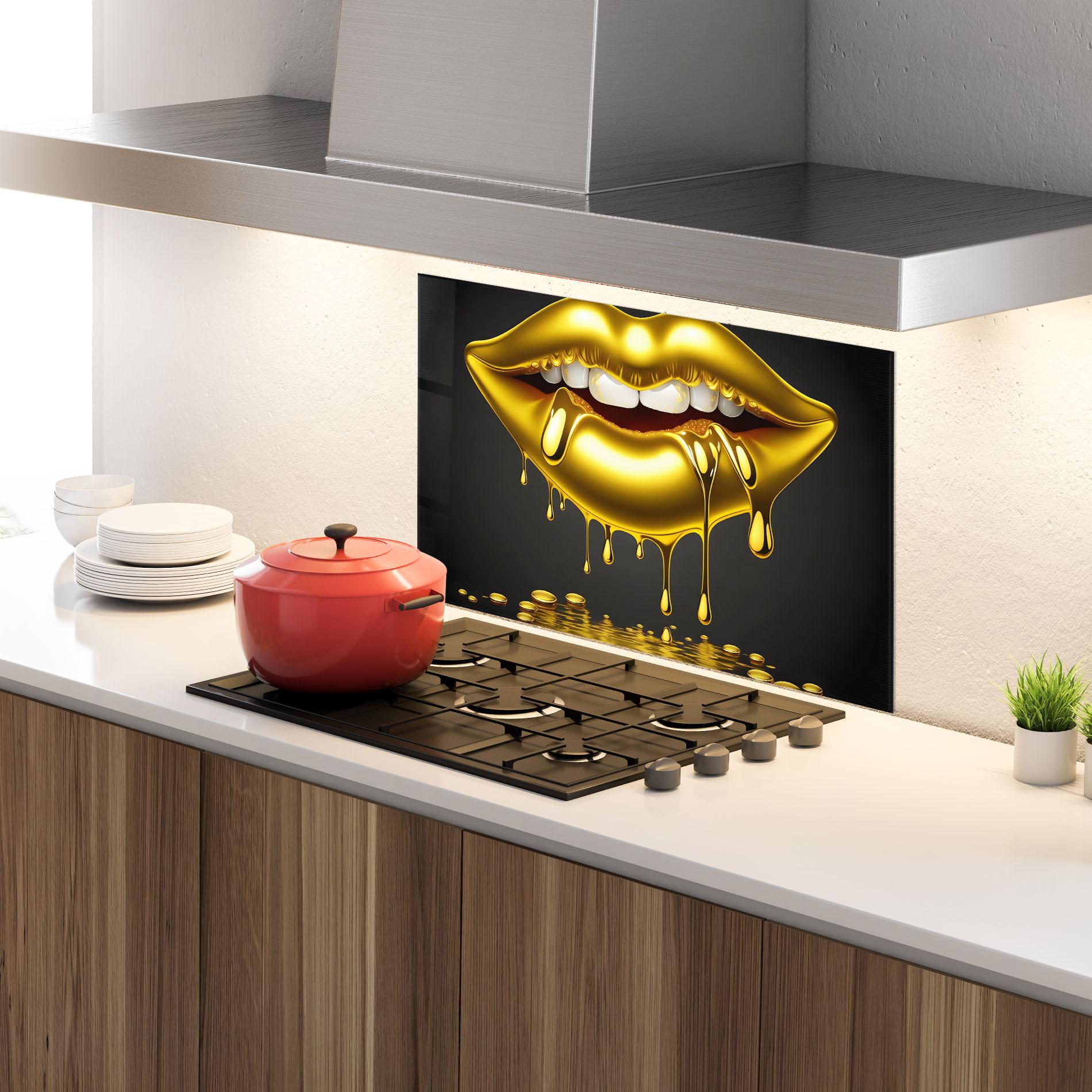 Küchenrückwand Glas Pop Gold Lips mockup 4