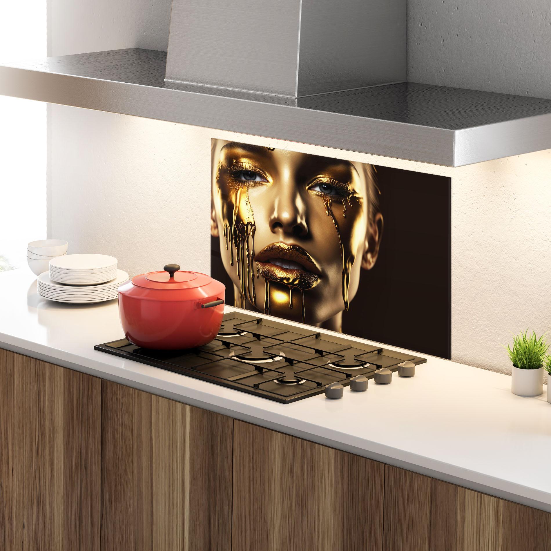 Küchenrückwand Glas Yellow Dripping Gold mockup 4