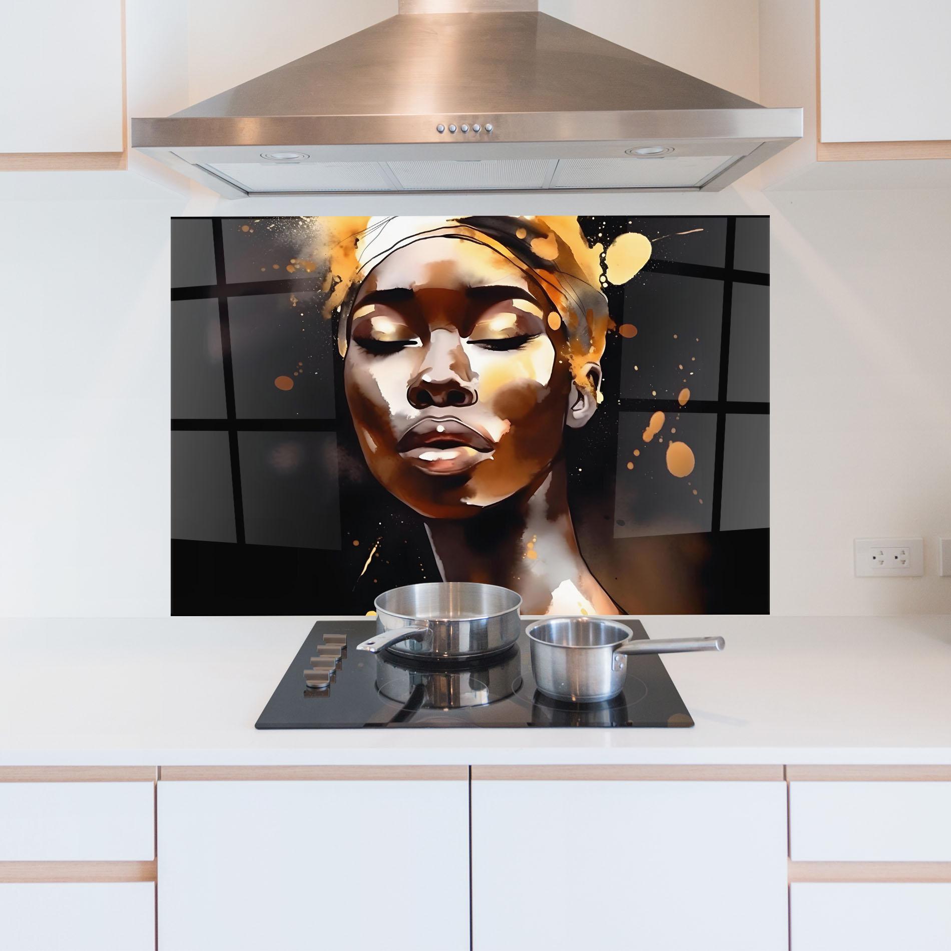 Küchenrückwand Glas Abstract Gold Woman mockup 5