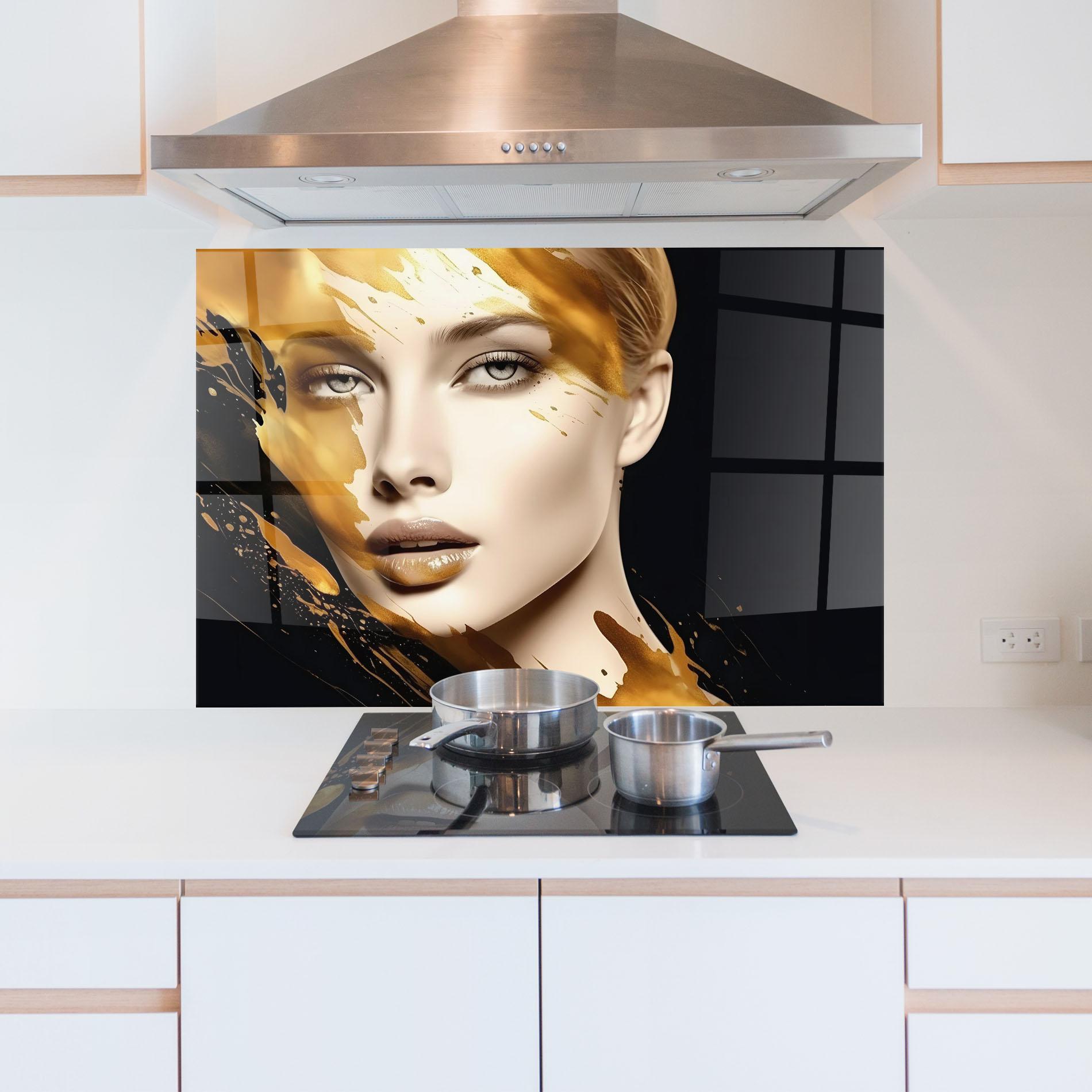 Küchenrückwand Glas Blonde Gold Woman mockup 5