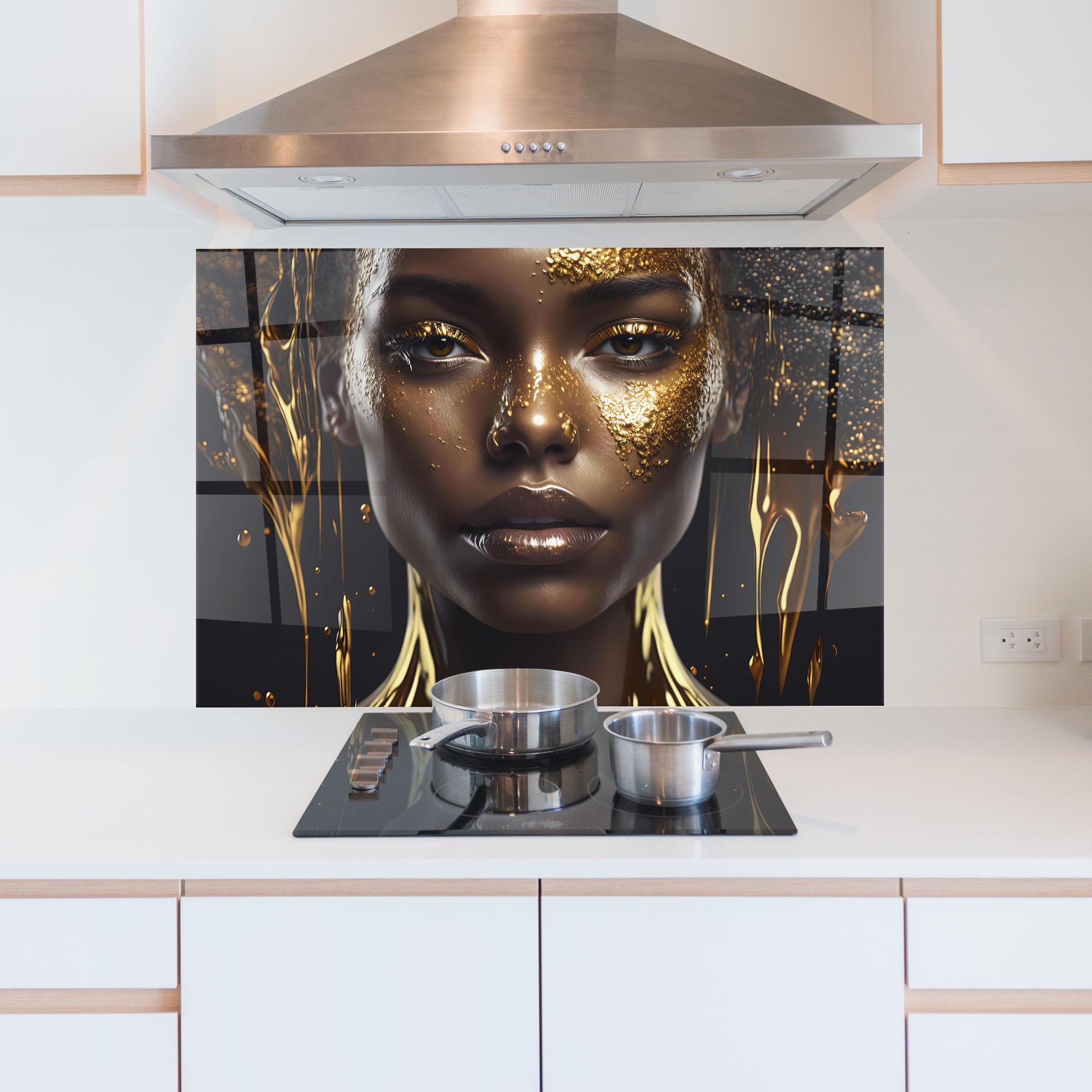 Küchenrückwand Glas Gold Portrait Falling mockup 5