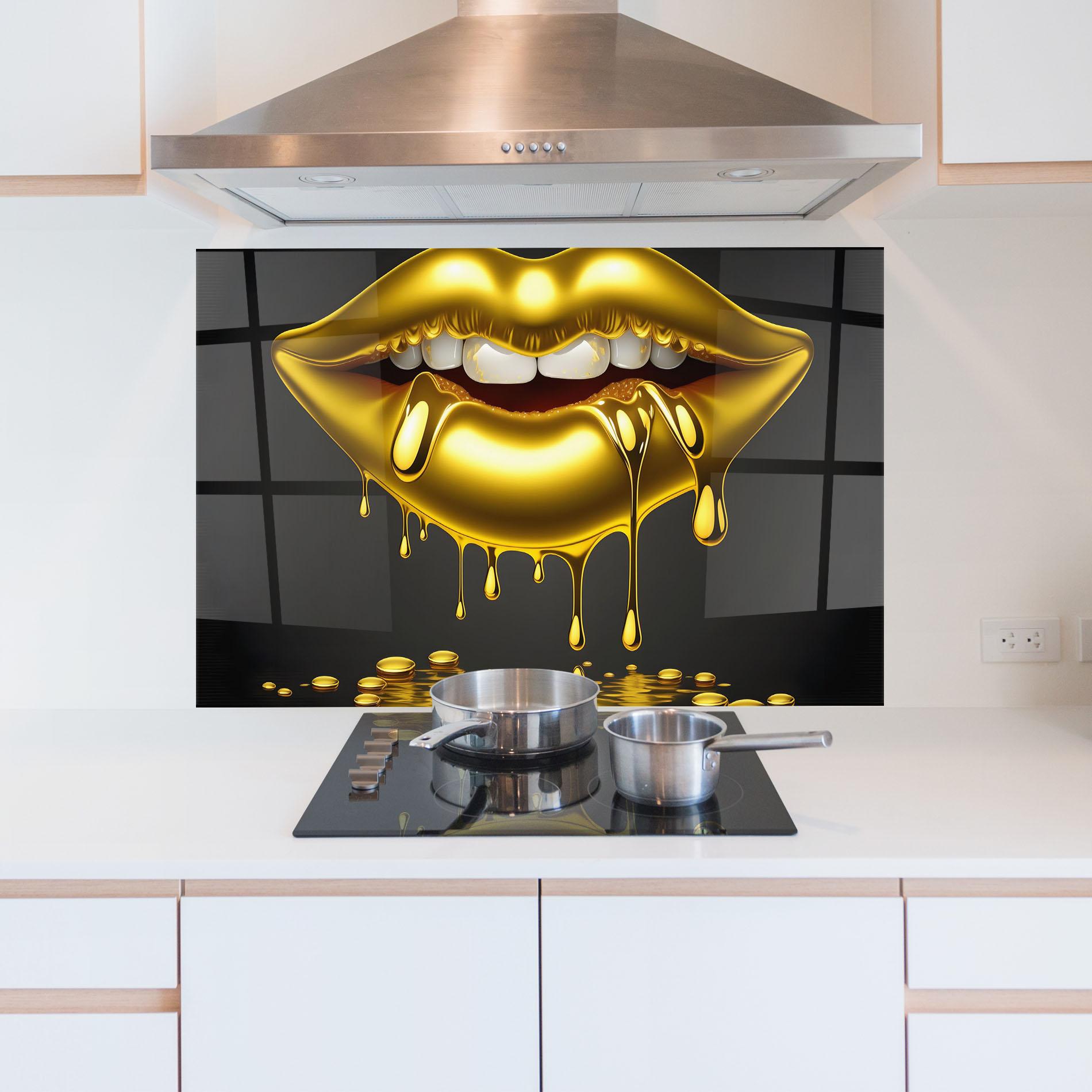 Küchenrückwand Glas Pop Gold Lips mockup 5