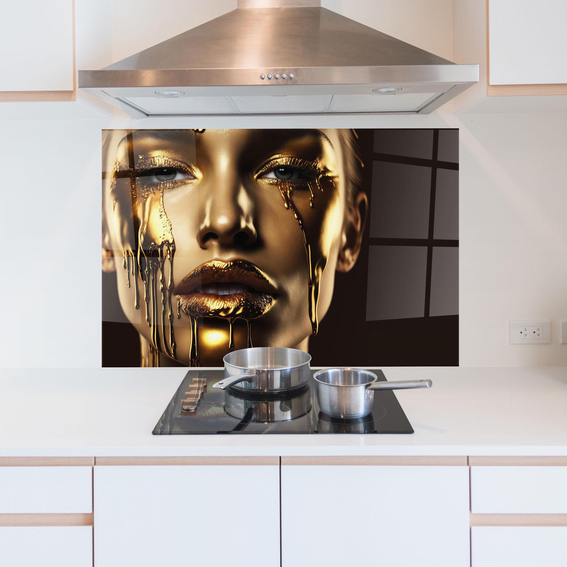 Küchenrückwand Glas Yellow Dripping Gold mockup 5