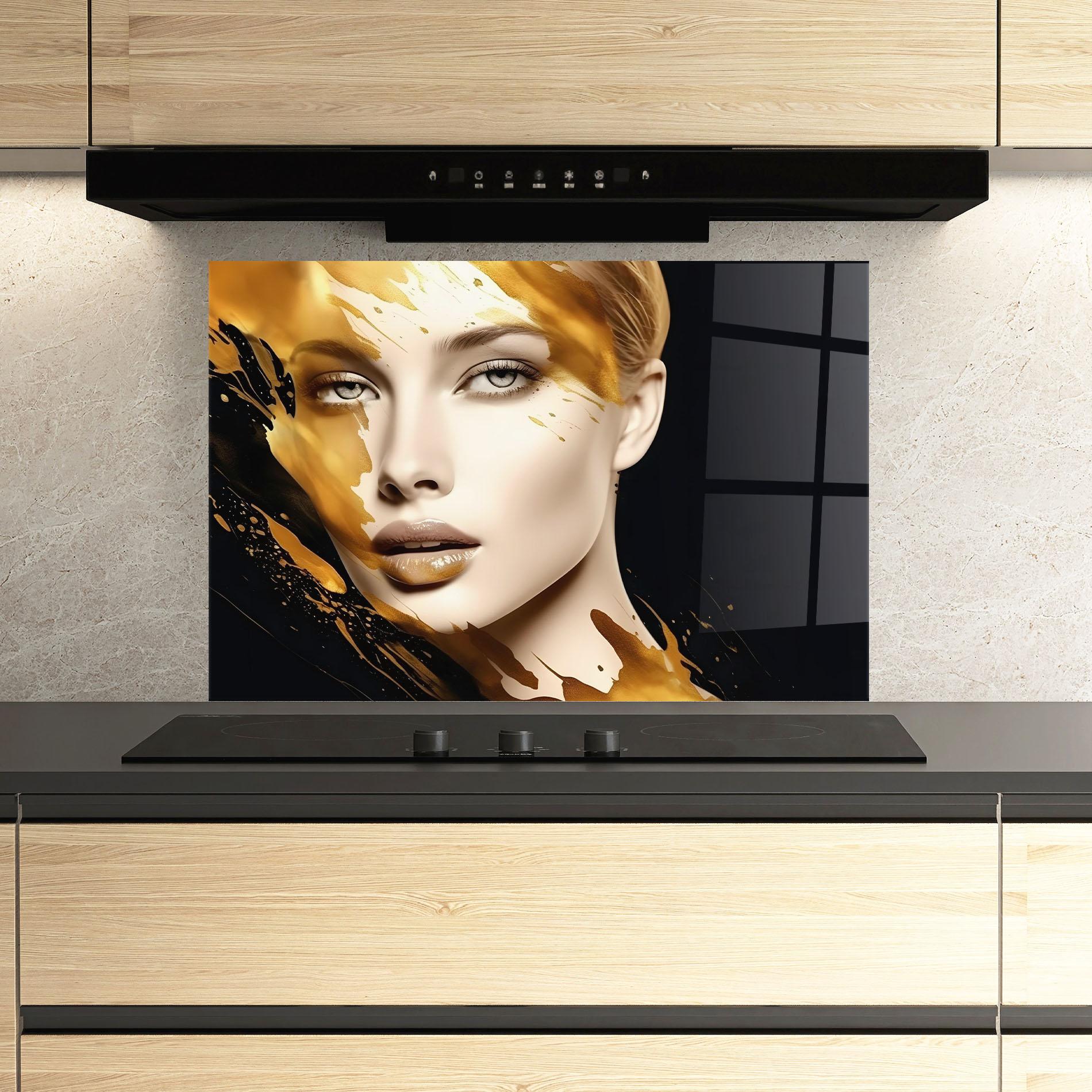 Küchenrückwand Glas Blonde Gold Woman mockup 3