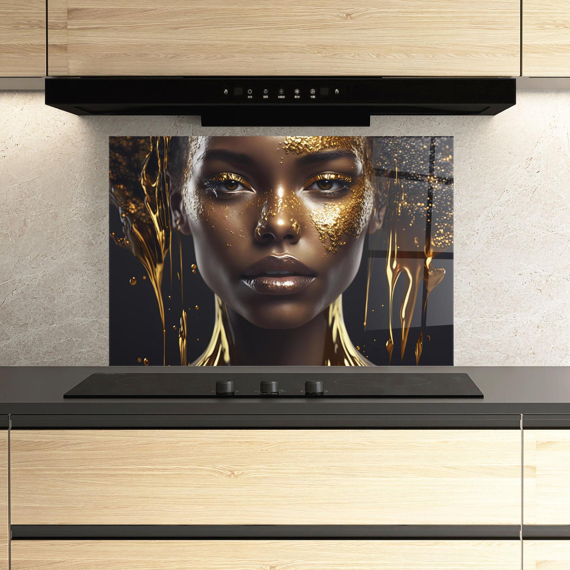 Küchenrückwand Glas Gold Portrait Falling mockup 3