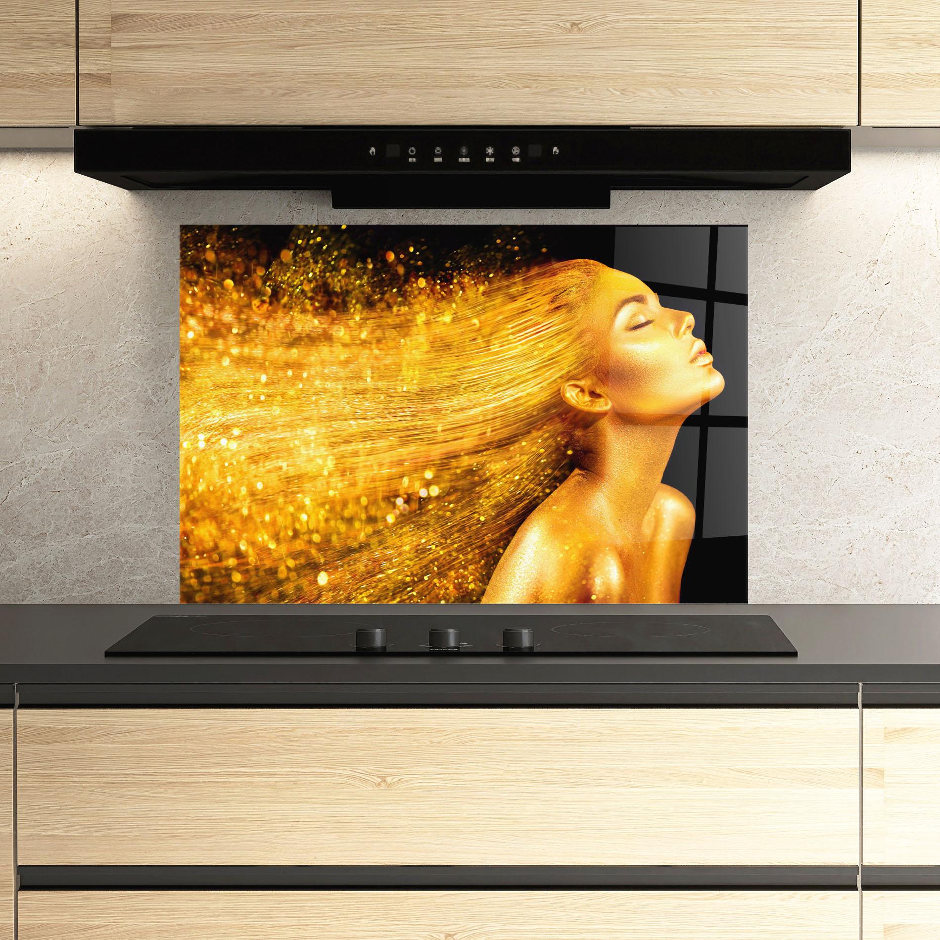 Küchenrückwand Glas Golden Girl mockup 3
