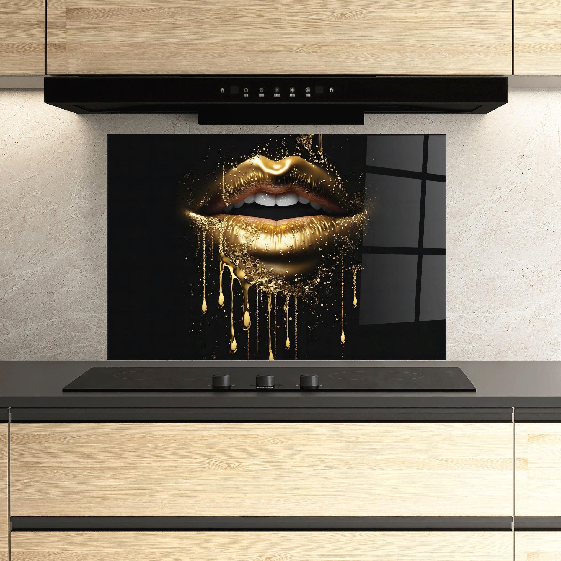 Küchenrückwand Glas Golden Luxury Lips mockup 3