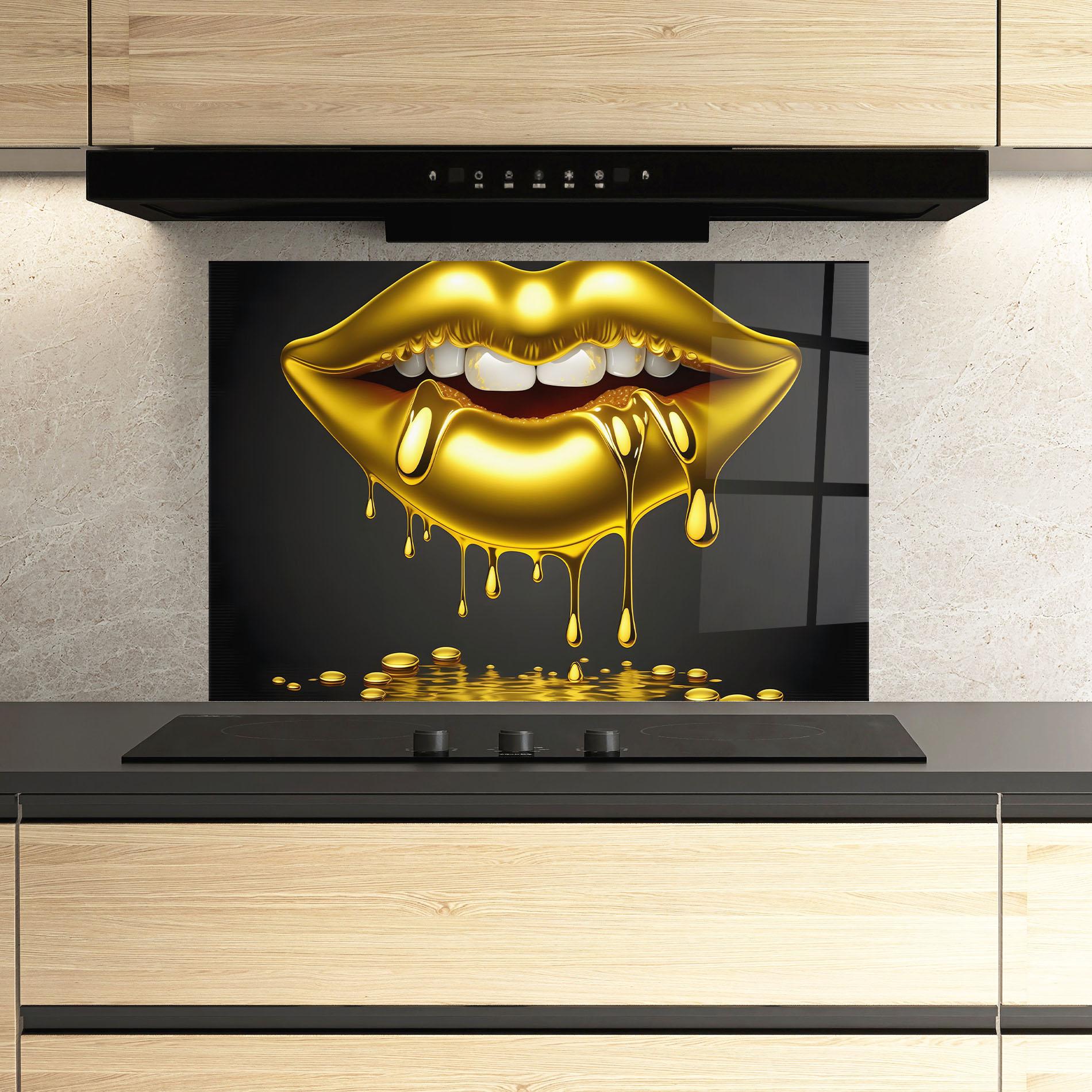 Küchenrückwand Glas Pop Gold Lips mockup 3
