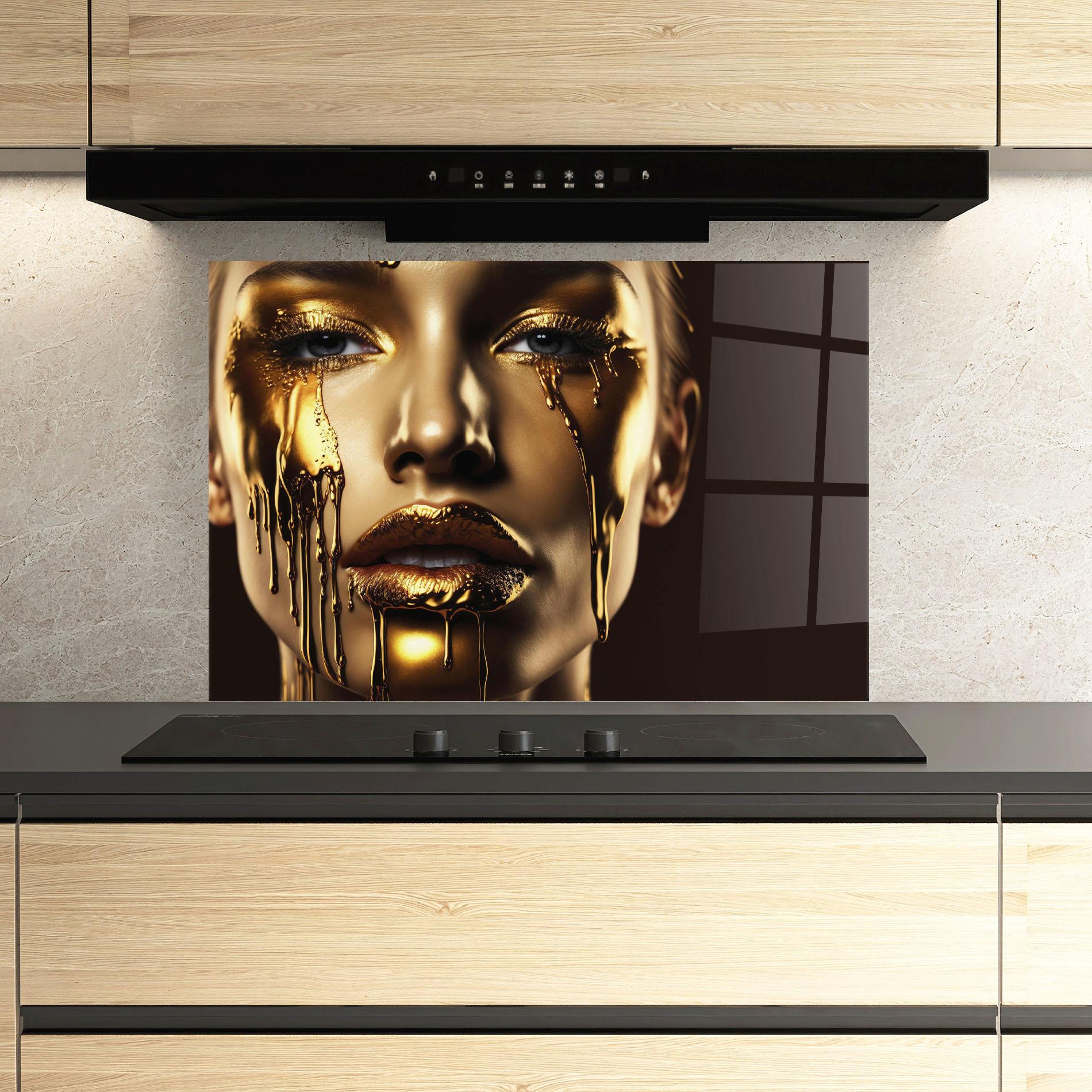 Küchenrückwand Glas Yellow Dripping Gold mockup 3