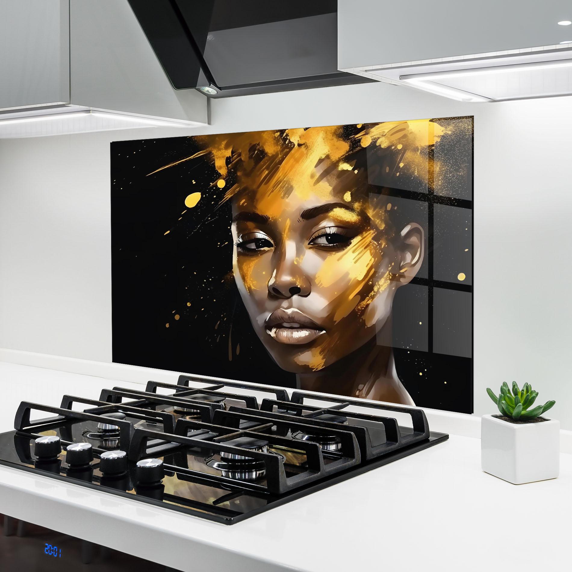 Küchenrückwand Glas African Gold Woman mockup 6