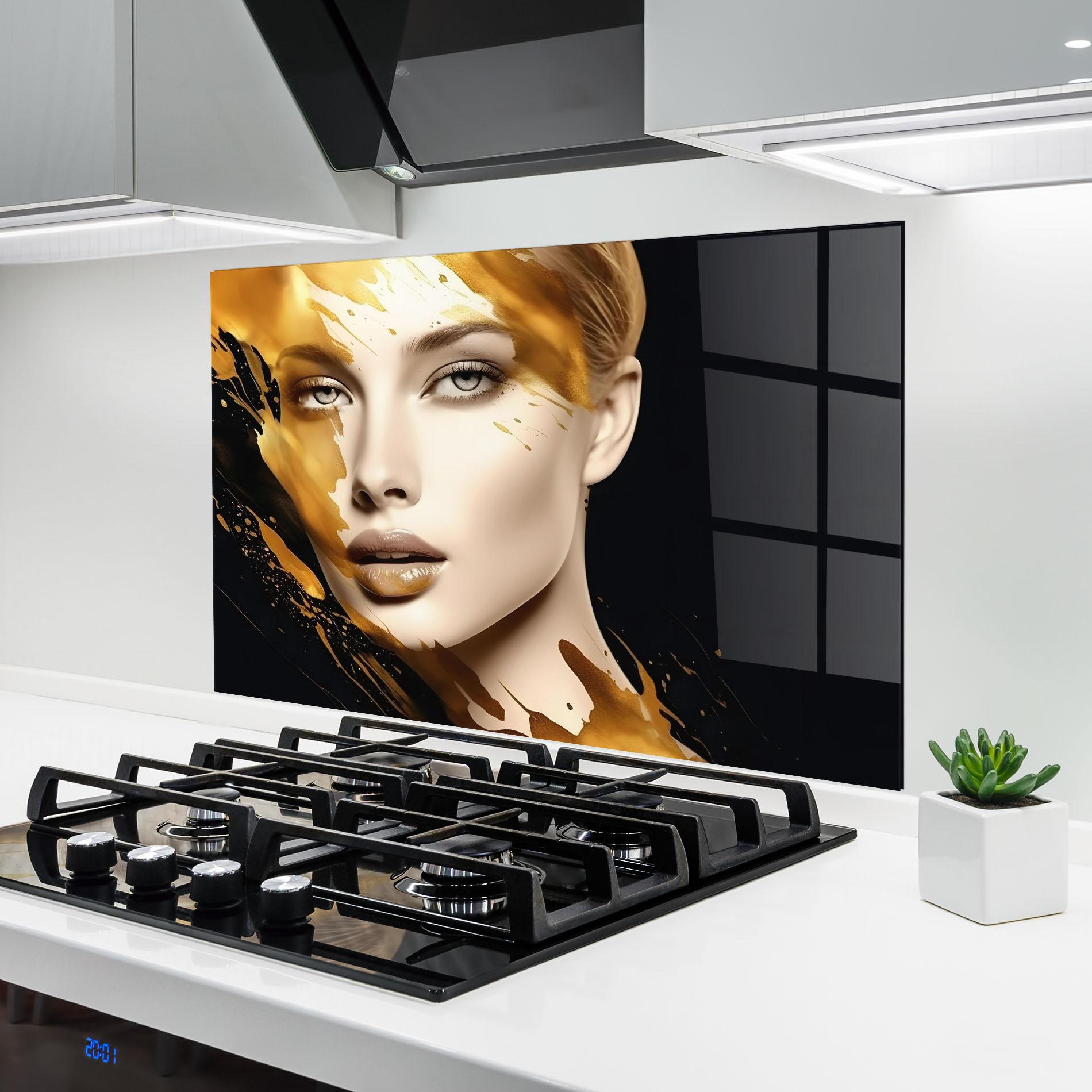 Küchenrückwand Glas Blonde Gold Woman mockup 6