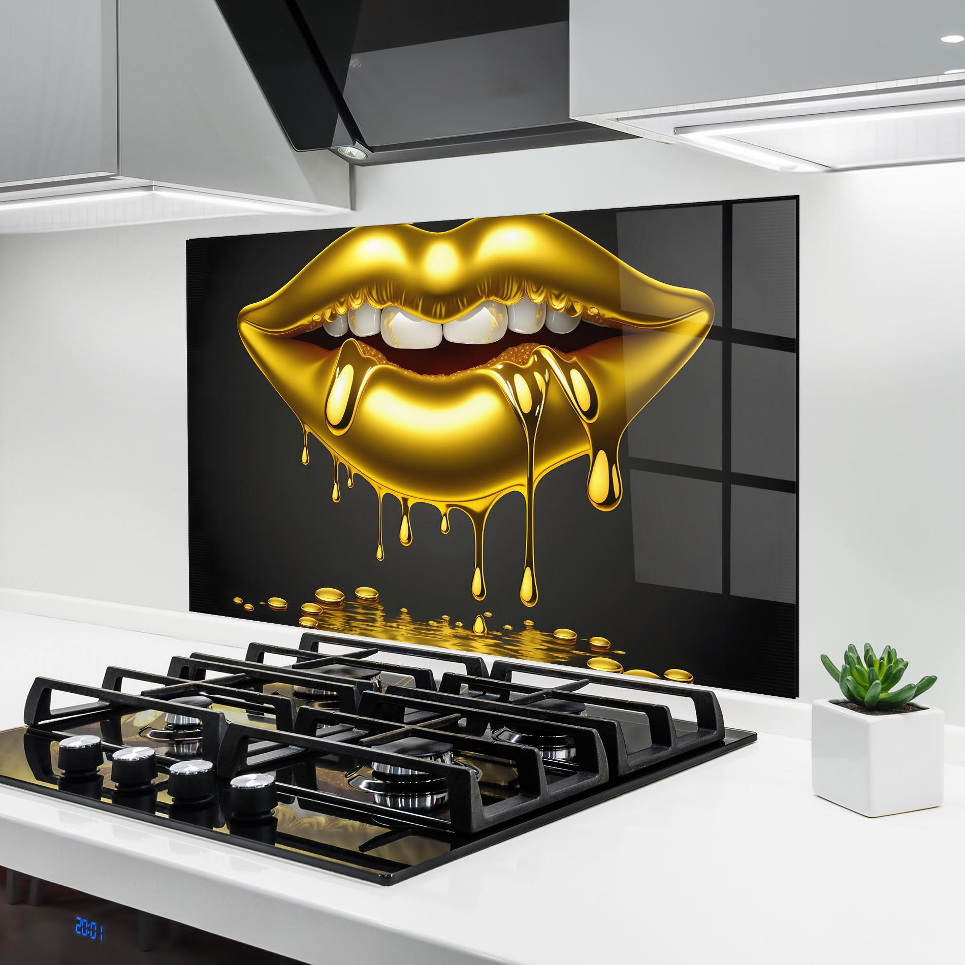 Küchenrückwand Glas Pop Gold Lips mockup 6