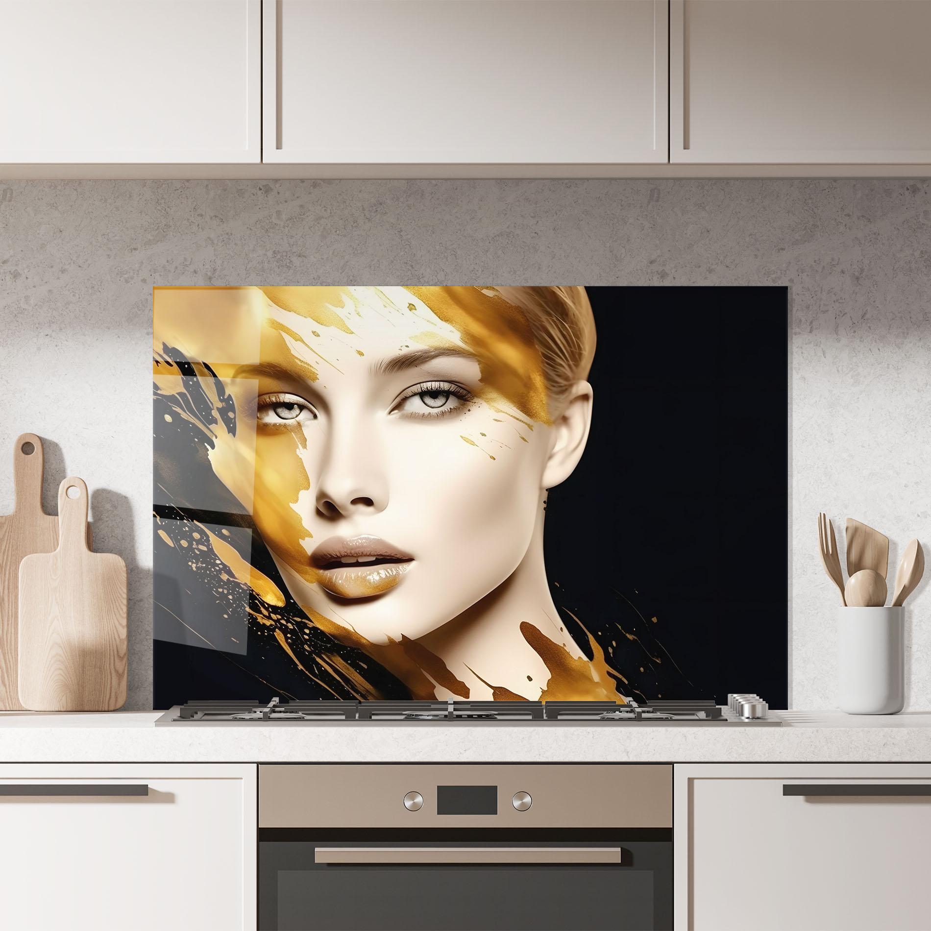 Küchenrückwand Glas Blonde Gold Woman mockup 7