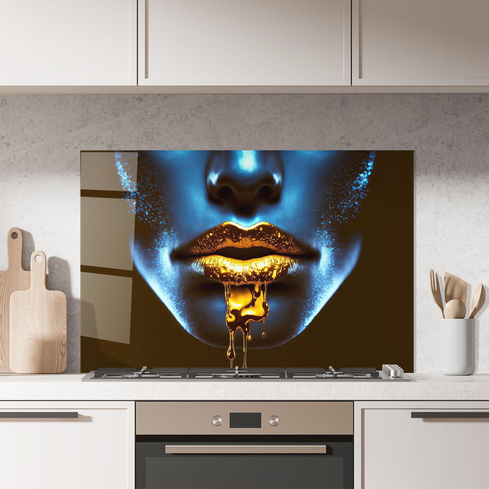 Küchenrückwand Glas Blue Gold Lips mockup 7
