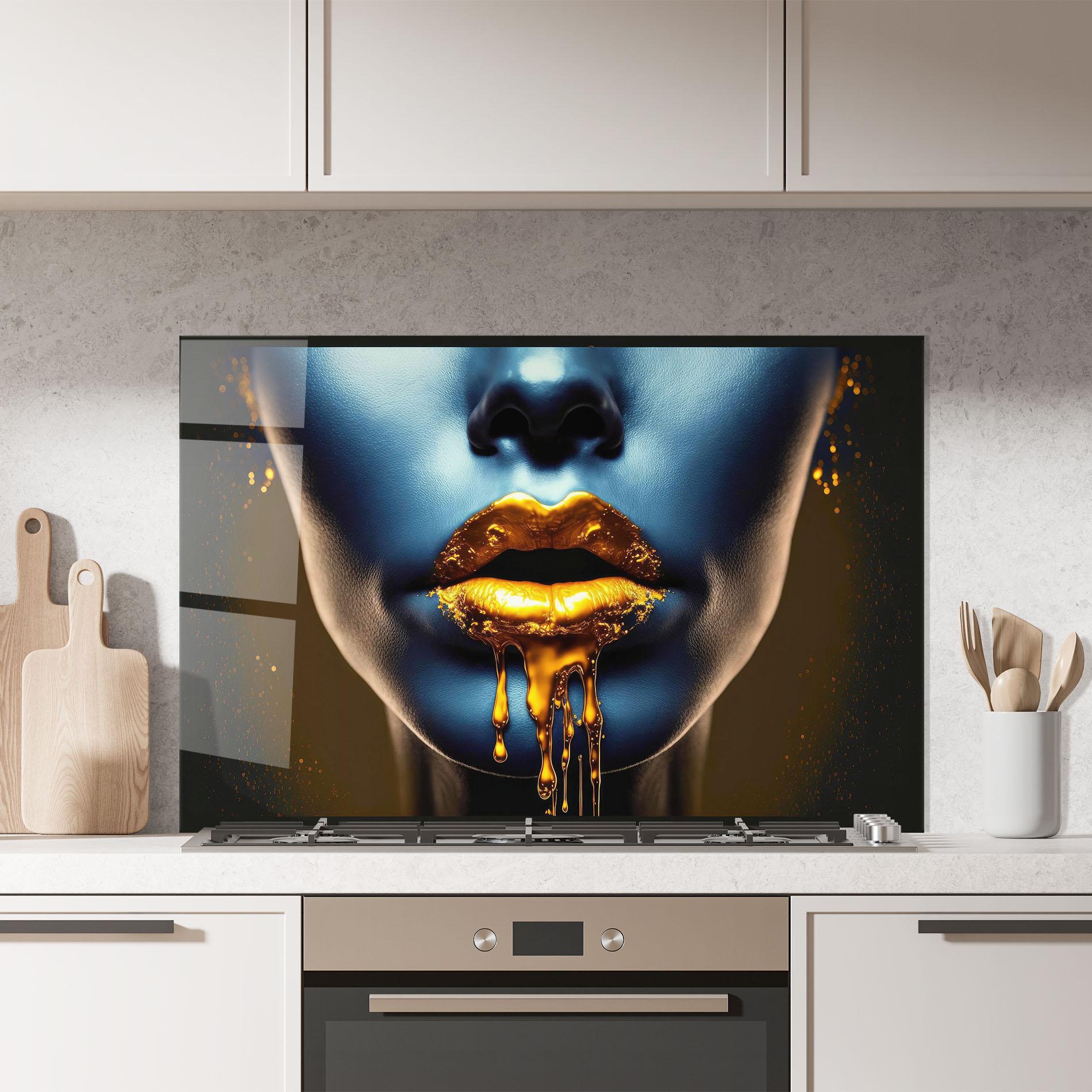 Küchenrückwand Glas Gold Liquid Blue mockup 7