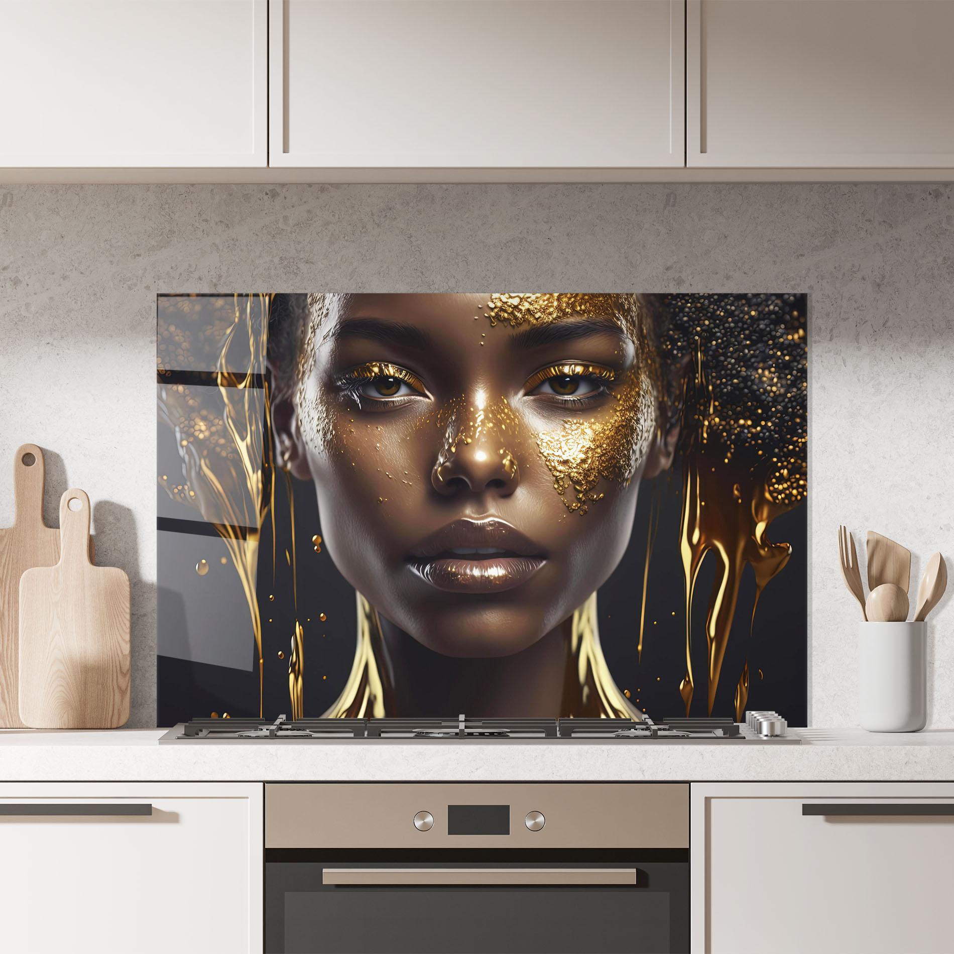 Küchenrückwand Glas Gold Portrait Falling mockup 7