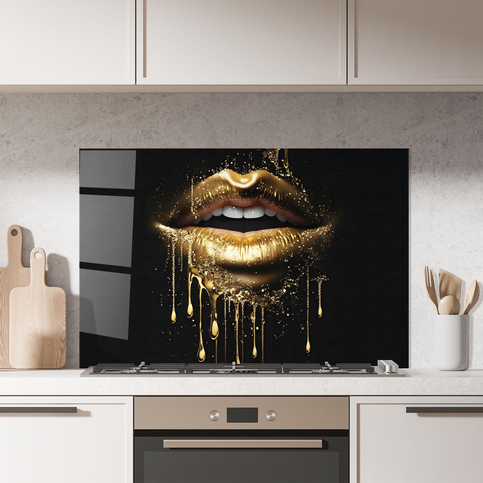 Küchenrückwand Glas Golden Luxury Lips mockup 7