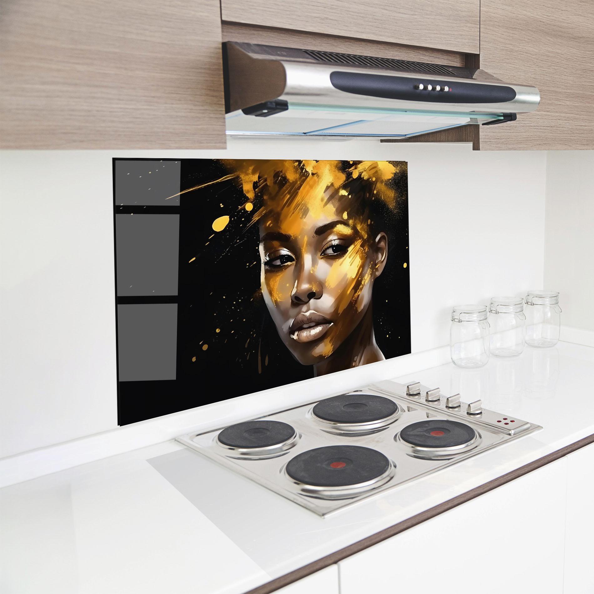 Küchenrückwand Glas African Gold Woman mockup 8
