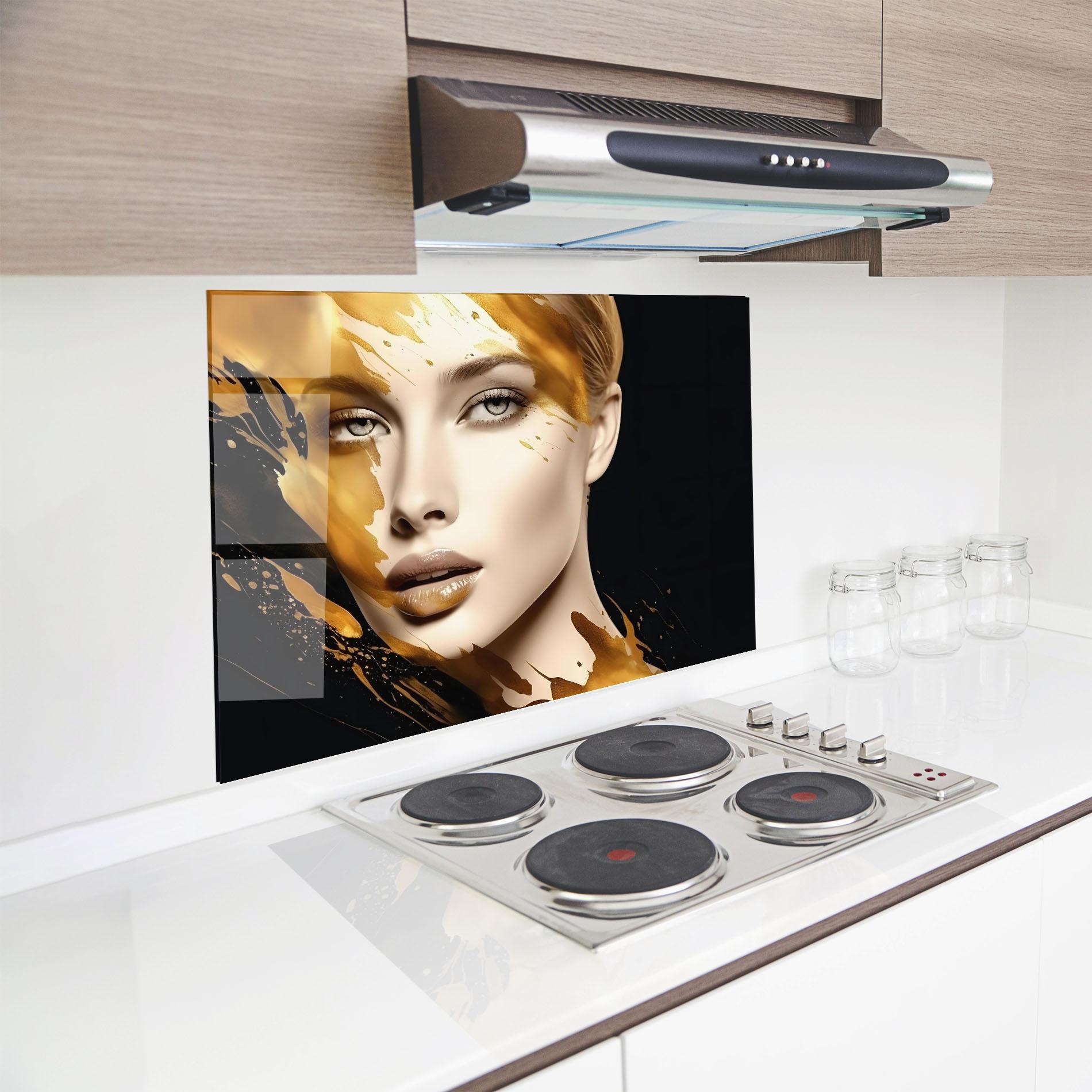 Küchenrückwand Glas Blonde Gold Woman mockup 8