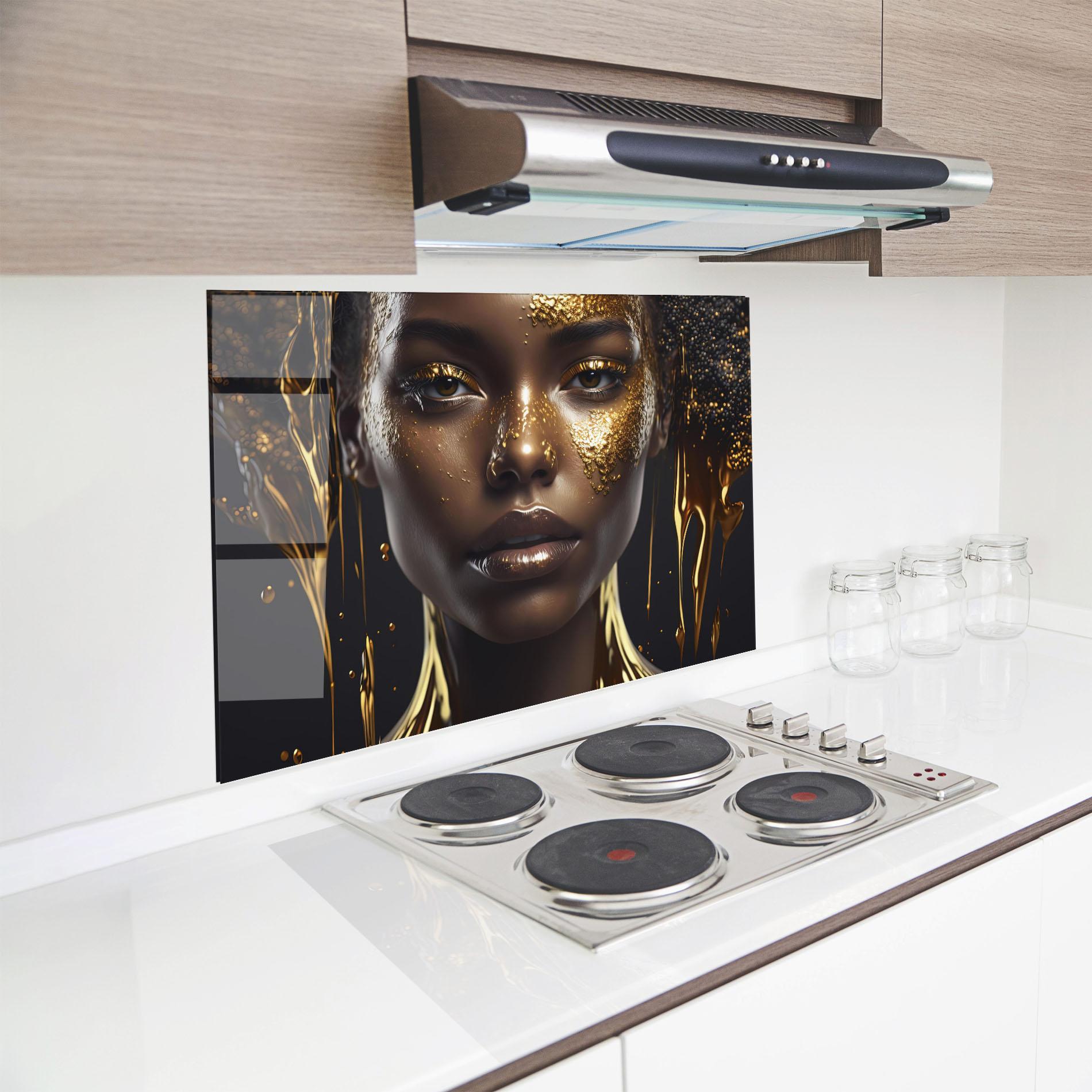 Küchenrückwand Glas Gold Portrait Falling mockup 8