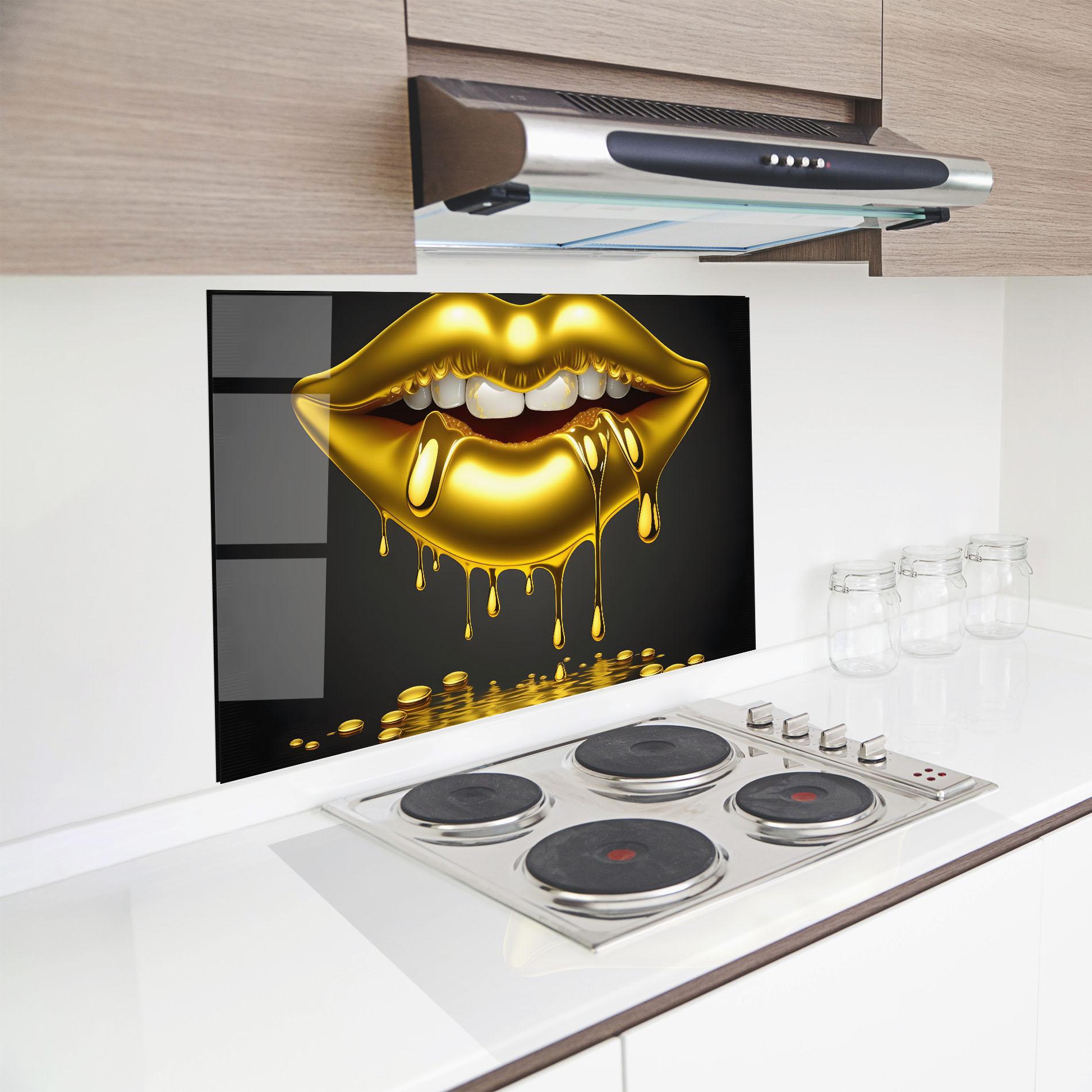 Küchenrückwand Glas Pop Gold Lips mockup 8