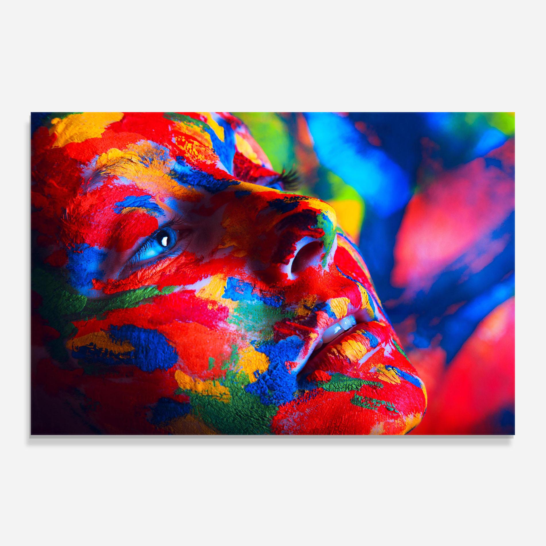 Küchenrückwand Glas Woman Colourful Paint mockup 0